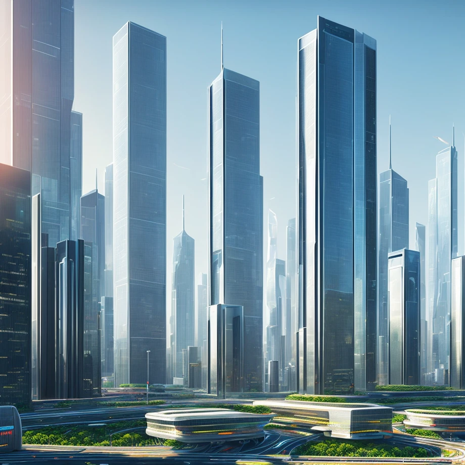 Highly realistic and highly detailed digital depiction of a futuristic city scene. (Shown in an 8KB illustration in focus with sophisticated architecture, advanced technology, and cityscapes