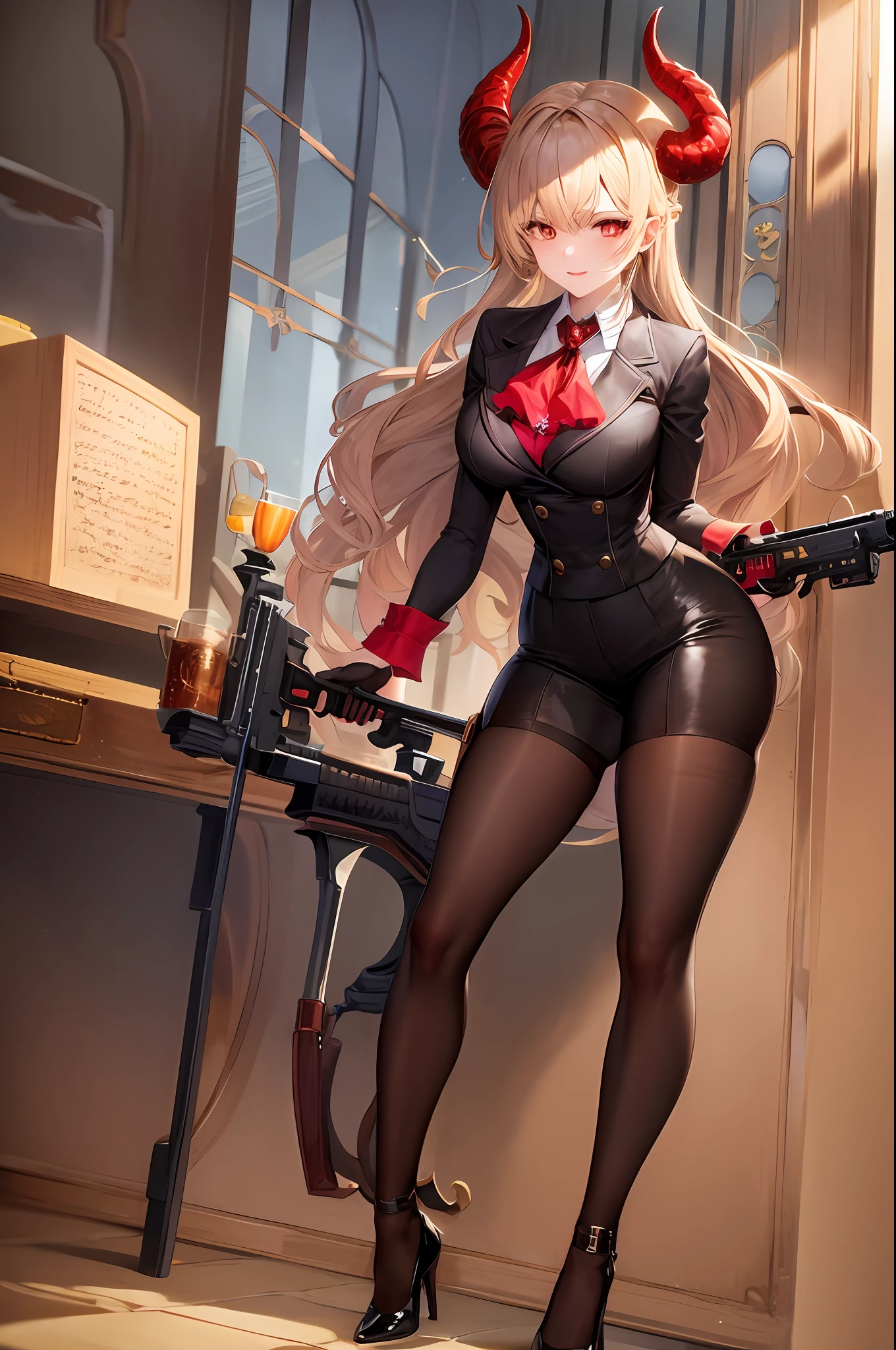 Devil girl teacher holding a clockwork rifle, (masterpiece), (extreme)