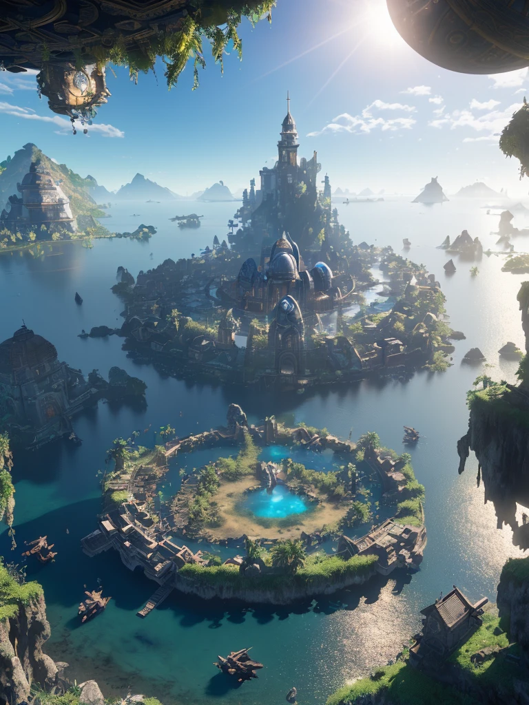 (8k, RAW photo, best quality, masterpiece:1.2), (realistic, photo-realistic:1.37), octane render, ultra high res, ultra-detailed , professional lighting, photon mapping, radiosity, physically-based rendering, ue5, ((island sanctuary)), ((ancient fallen kingdom)), ((reflections in water)), ((raytracing)), ((drowned city))