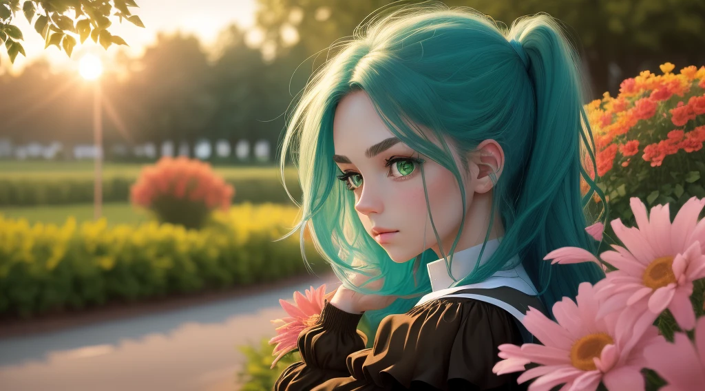 (album cover: 1.3 + background wall: 0.9 + 8k wallpaper), anime idol dress + full black dress , realistic, (making hand gestures: 1.2 + neutral + eyes between closed 1.0)),(beautiful: 1.6 + beautiful: 1.3 + cute),((very detailed: 1.5 + ultra detailed)),(Drawing of OnonokiYotsugi-000008:1),(eyes: green, green hair), serious face, 1 girl, just one girl, beautiful, bright colors, sunset sunlight, neutral face, forest background with many faded trees, background with many red flowers blurred, warm light:1.0, well-made eyes, pretty eyes, cute eyes, well-drawn eyes, looking sideways, loli, pretty face, on green grass, very detailed eyes, tired look, tender face, from afar, very colorful and detailed background, loose hairs, bright eyes, black pupil, green eyebrows, tender pose, blushing, blushing, hairs on the face, wind, standing, pink lips, messy hair, shoulder height hair, dynamic, sunset, sunset sunlight, vivid colors, Bokeh effect, messy hair, wavy hair, many flowers on the edges, flowers behind her, light lines, many flowers, Flowers on the shore, calm look from the side