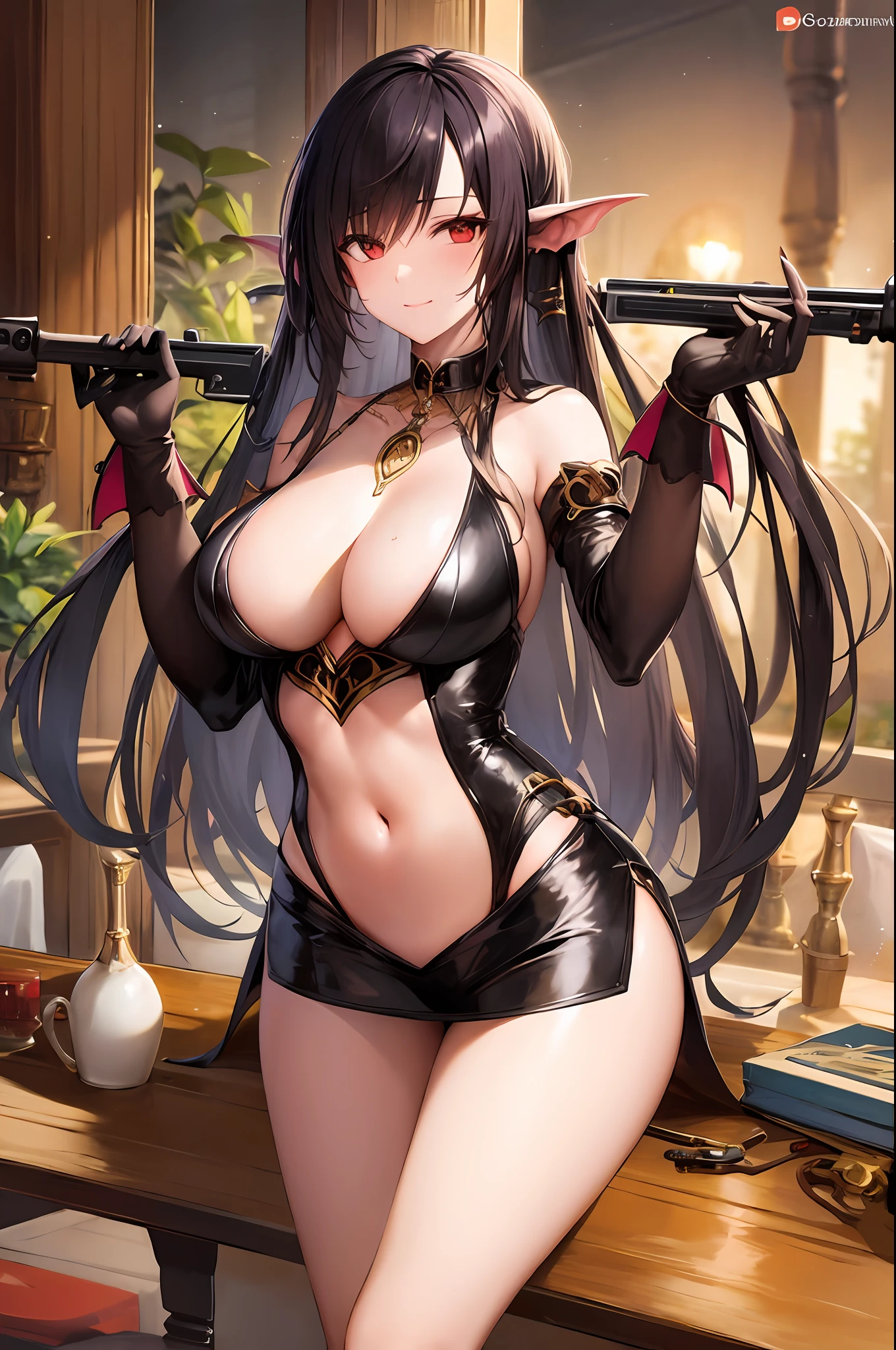 Succubus teacher holding a clockwork rifle, (masterpiece), (extreme)