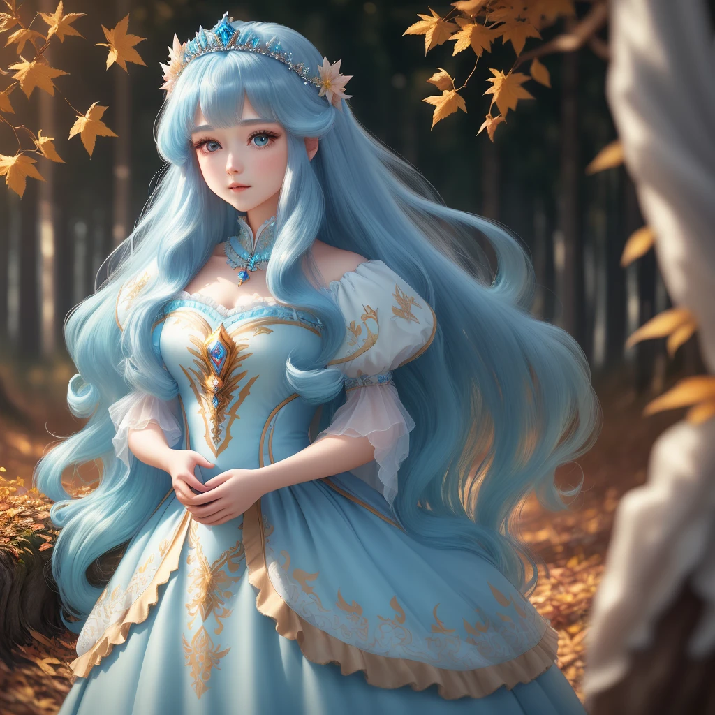 Ultra realistic, high resolution, 8k, long and beautiful hair, cyan hair, 1.60 tall, princess dress, nature in autumn, eyes like galaxia, blue tiara, adult (range of 20 years), wallpaper with resolution 4320x2160