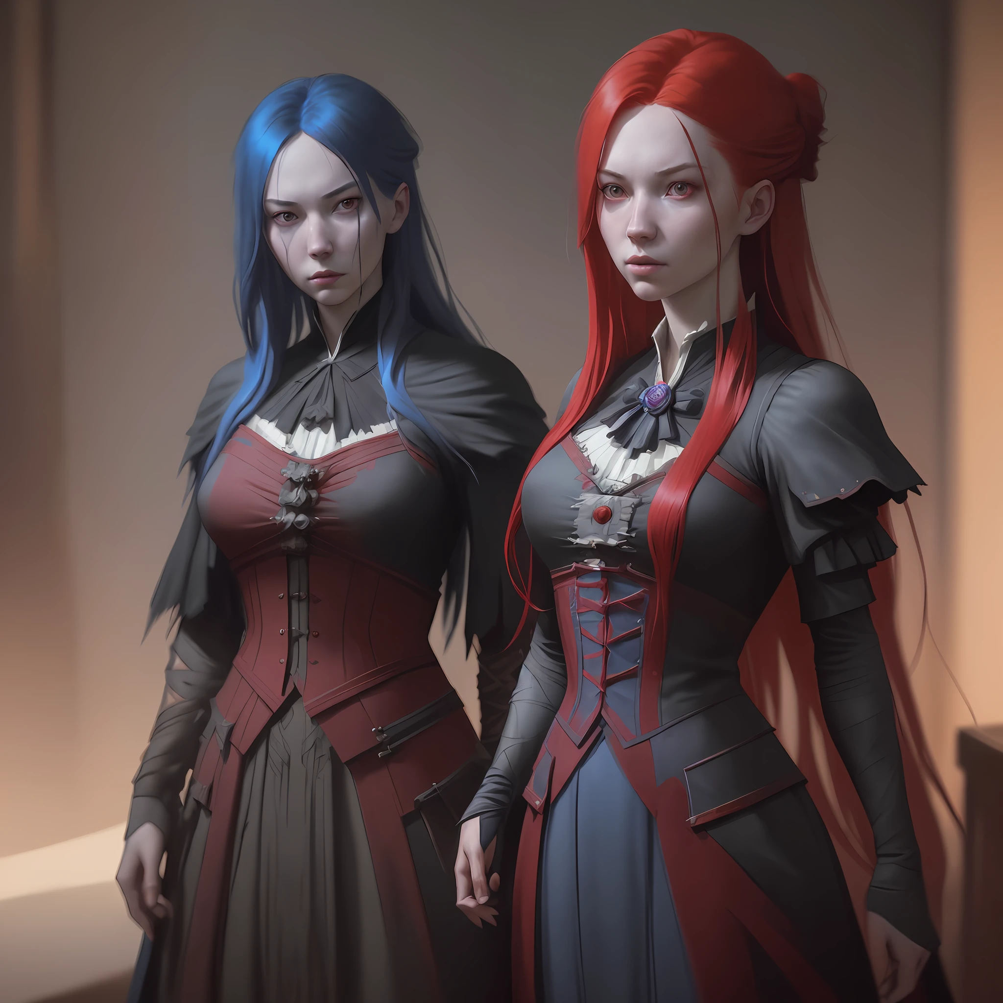 a fancy portrait of a beautiful young girl with long red and blue hair by greg rutkowski, sung choi, mitchell mohrhauser, maciej kuciara, johnson ting, maxim verehin, peter konig, bloodborne, 8 k photorealistic, cinematic lighting, hd, high details, dramatic, dark atmosphere, trending on artstation,8k