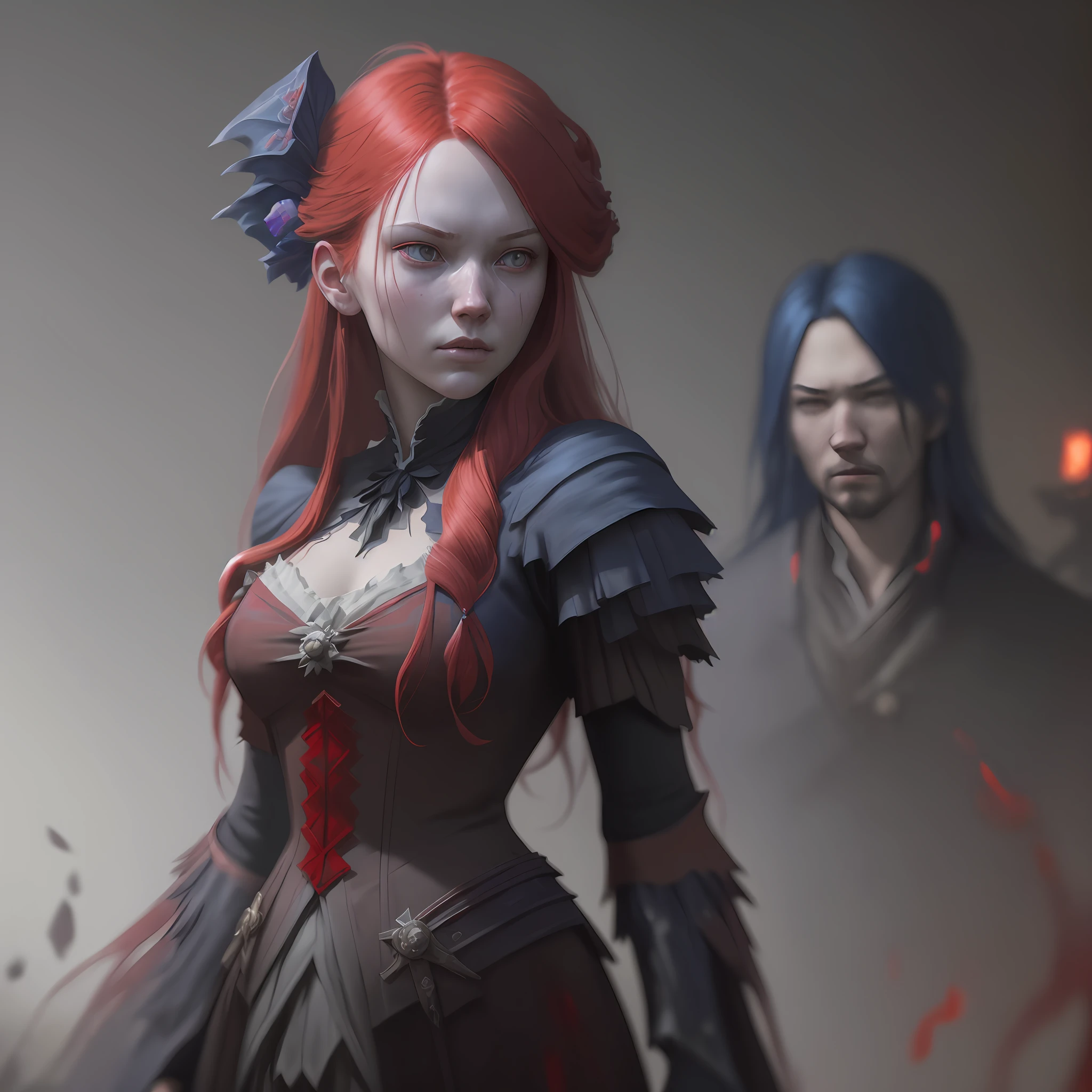 a fancy portrait of a beautiful young girl with long red and blue hair by greg rutkowski, sung choi, mitchell mohrhauser, maciej kuciara, johnson ting, maxim verehin, peter konig, bloodborne, 8 k photorealistic, cinematic lighting, hd, high details, dramatic, dark atmosphere, trending on artstation,8k