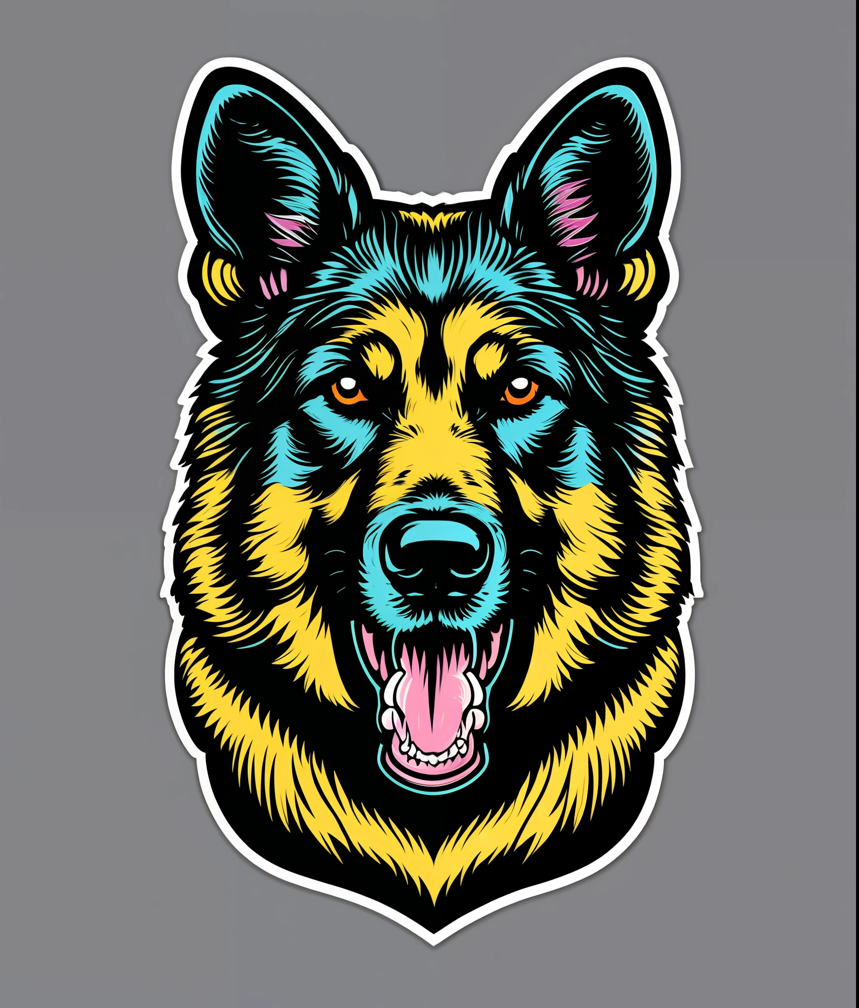 German Shepherd breed dog, colorful, vintage style, (T-shirt design), realistic volumetric light of masterpiece