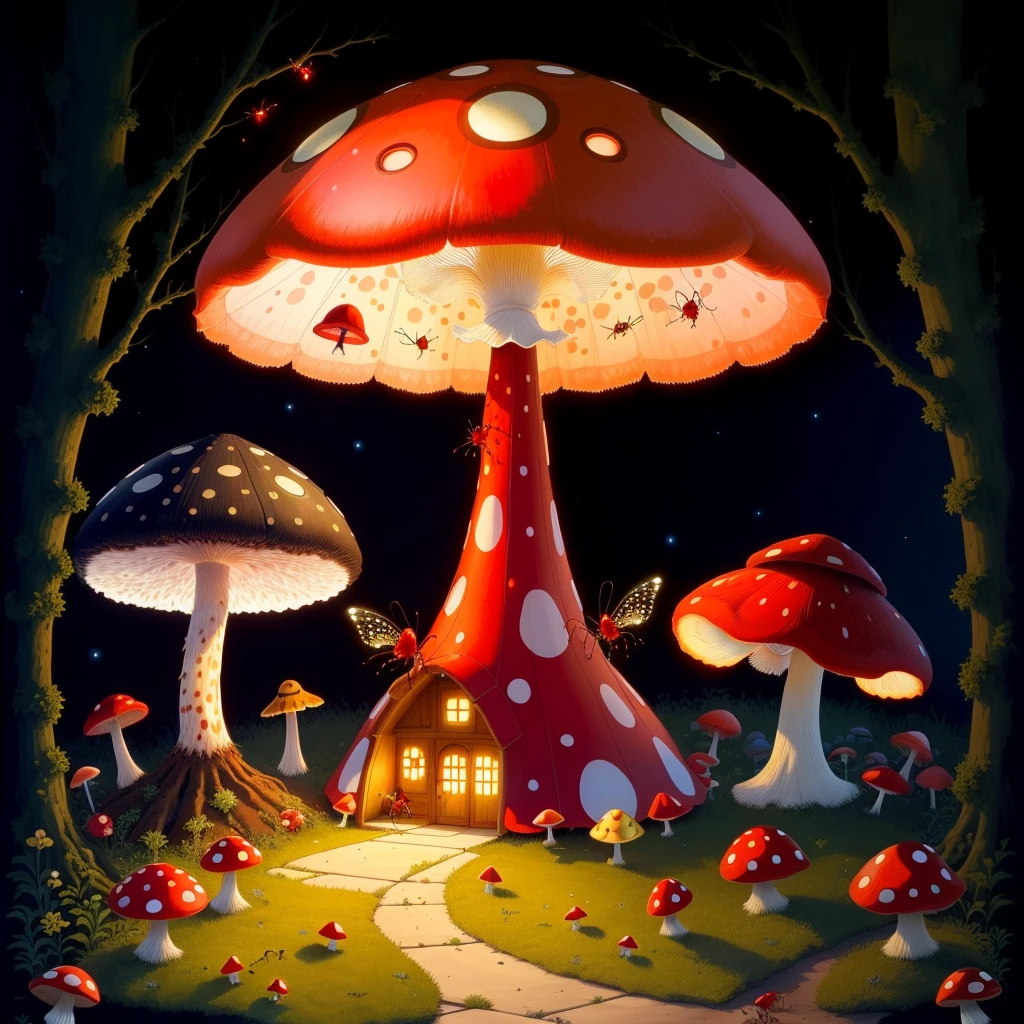 red mushroom with white spots, fairies, ladybugs, centipede, pillbug, moth, fireflies, midnight, full moon, ants, anthill