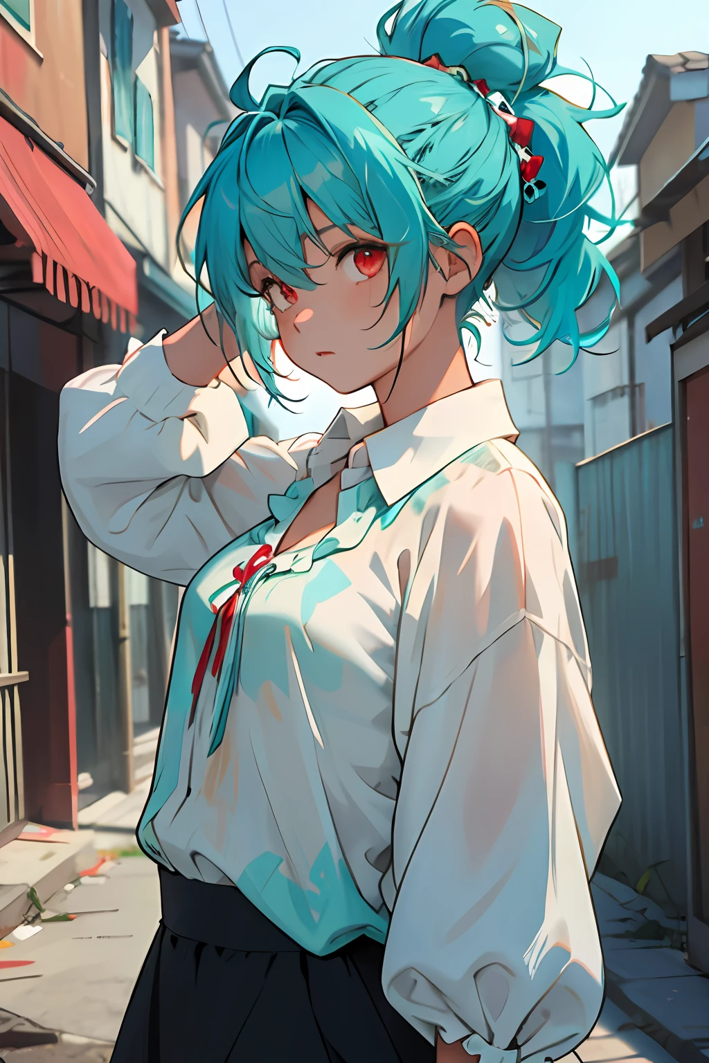 (((1girl))), ((((solo)))), ((messy hairstyle)), standing taking a picture, (((Turquoise hair)), red eyes, soft blouse