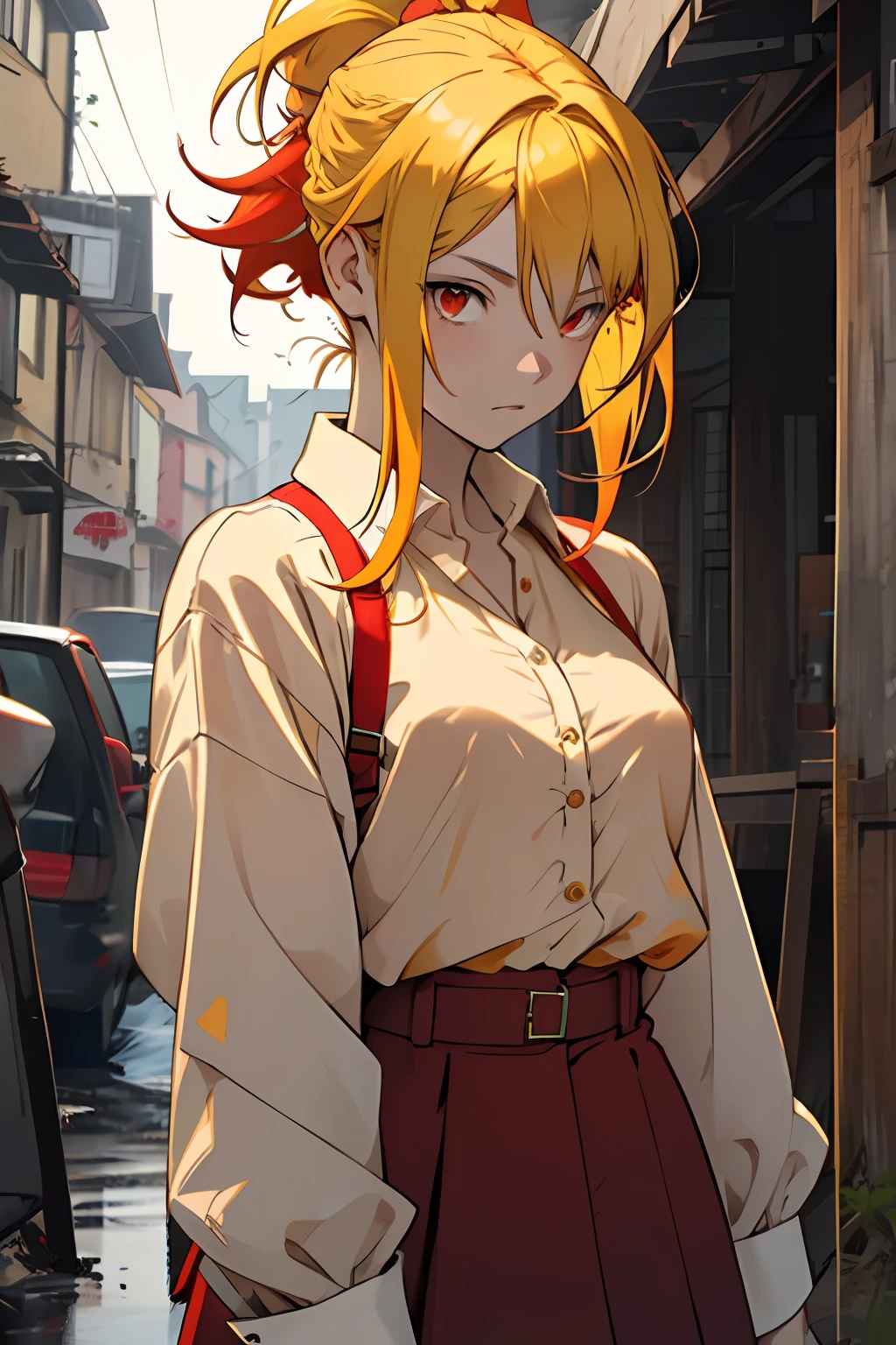 (((1girl))), ((((solo)))), ((messy hairstyle)), standing taking a picture, (((Reddish-yellow hair)), red eyes, soft blouse