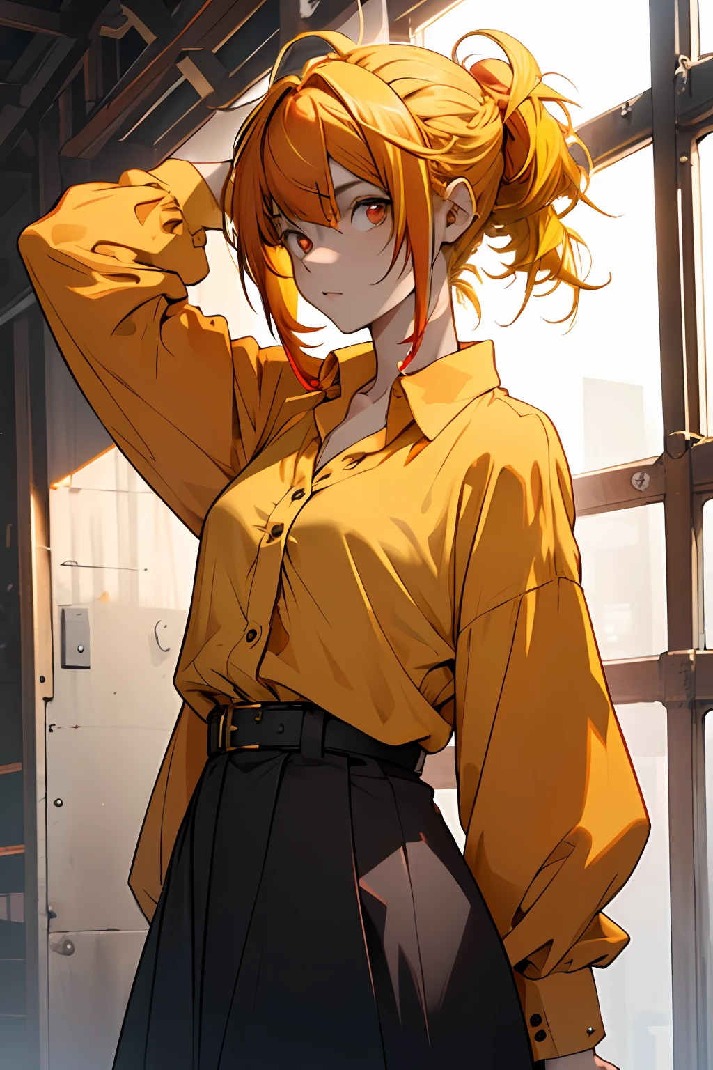 (((1girl))), ((((solo)))), ((messy hairstyle)), standing taking a picture, (((Reddish-yellow hair)), red eyes, soft blouse