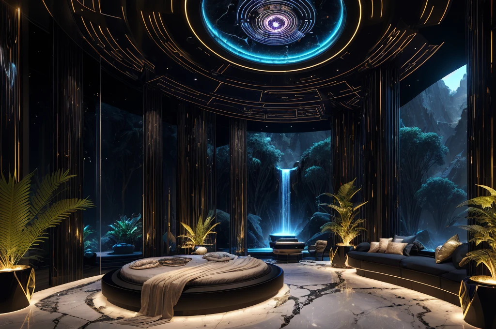 incredible black luxurious futuristic bedroom interior in Ancient Egyptian style with many (((lush plants))) (lotus flowers), ((palm trees)), rocky walls, ((sand)), ((waterfalls)) (marble), ((precious minerals)), ((metals)), (gemstones), crystals, clouds and ((water)), curvy futuristic furniture, (hieroglyphics), ((trees and plants made out of gemstones and precious minerals and lights)), crocodiles, (((ultra luxury))), (black marble) – with ((beautiful lights)), Unreal Engine, HQ, 16k