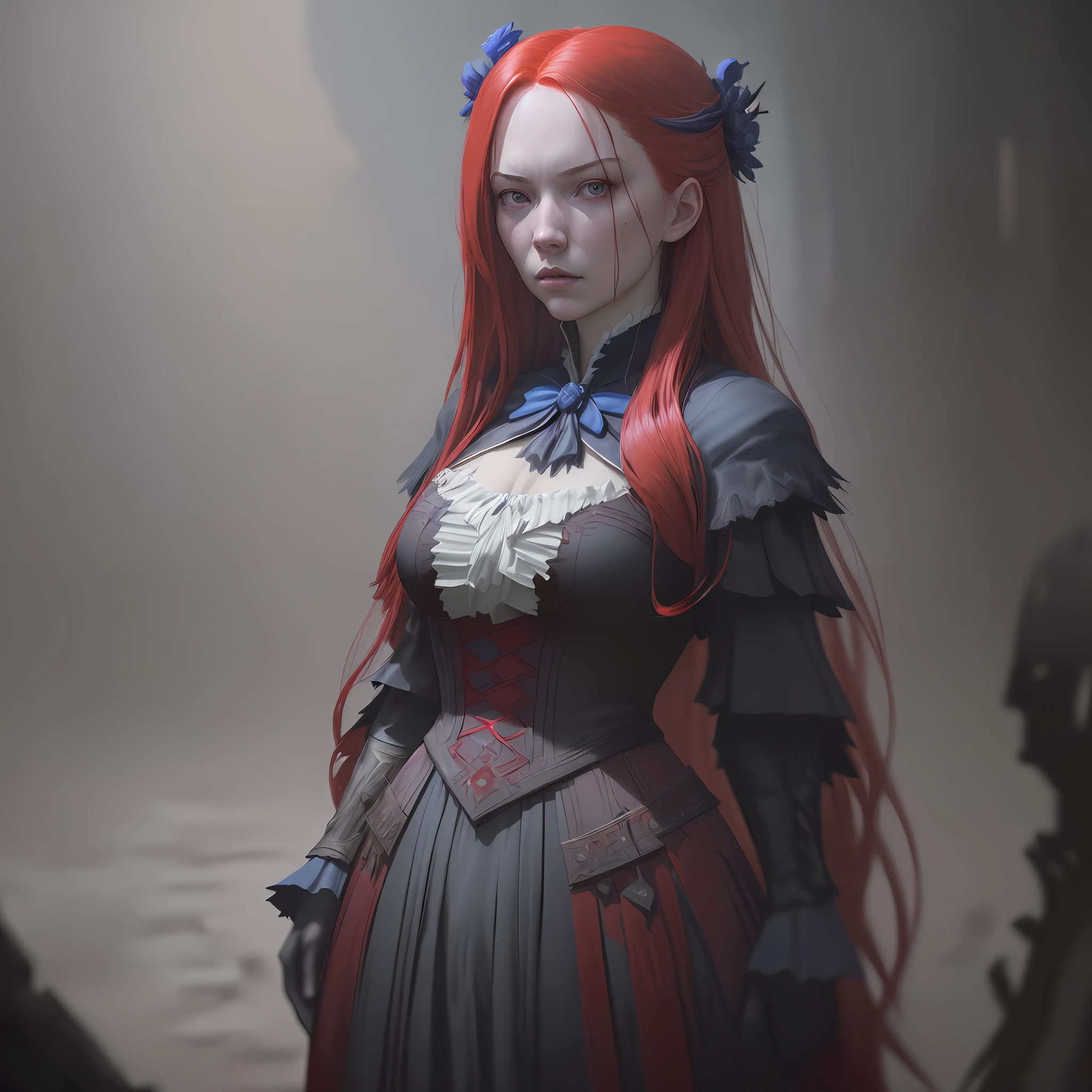 a fancy portrait of a beautiful young girl with long red and blue hair by greg rutkowski, sung choi, mitchell mohrhauser, maciej kuciara, johnson ting, maxim verehin, peter konig, bloodborne, 8 k photorealistic, cinematic lighting, hd, high details, dramatic, dark atmosphere, trending on artstation,8k
