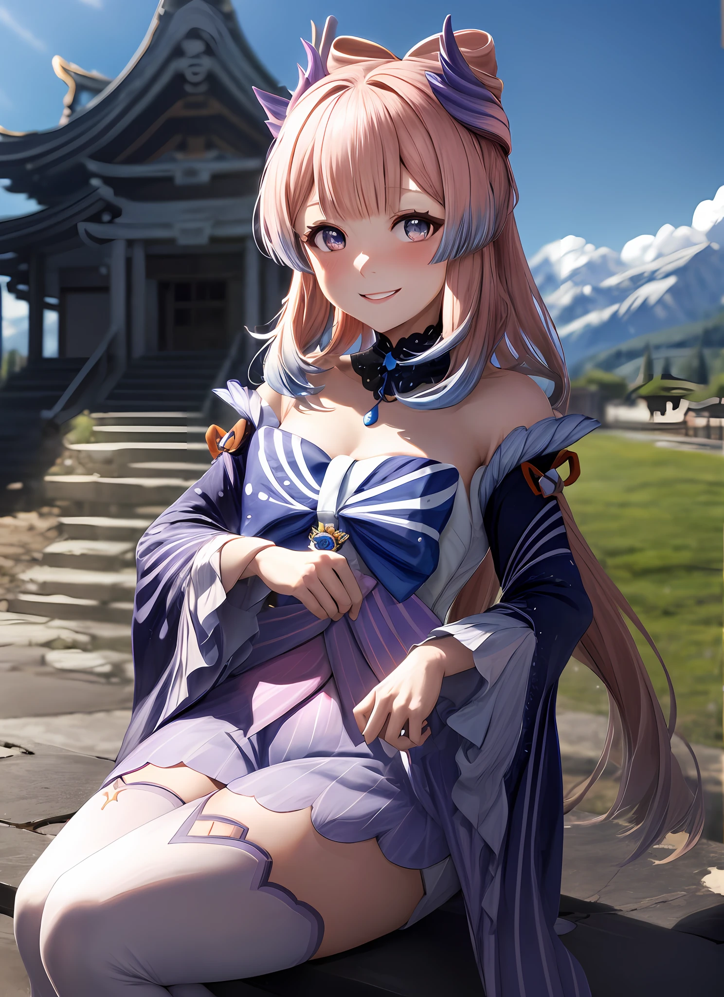kokomidef, upper body, smile, blush, outdoors, day, simple background, blue sky, short hair, sky, temple, looking at viewer, stairs, mountain, moody lighting, facing viewer,