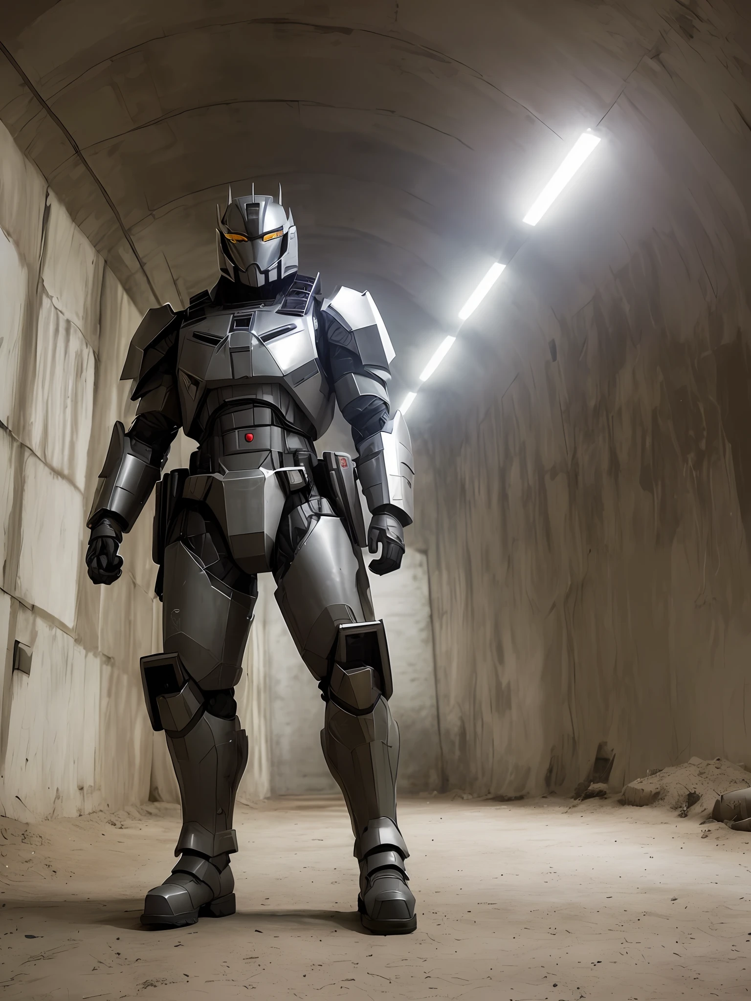 a modern style soldier man wearing a heavy armored metal transformer suit inside underground military shelter,style:deliberate