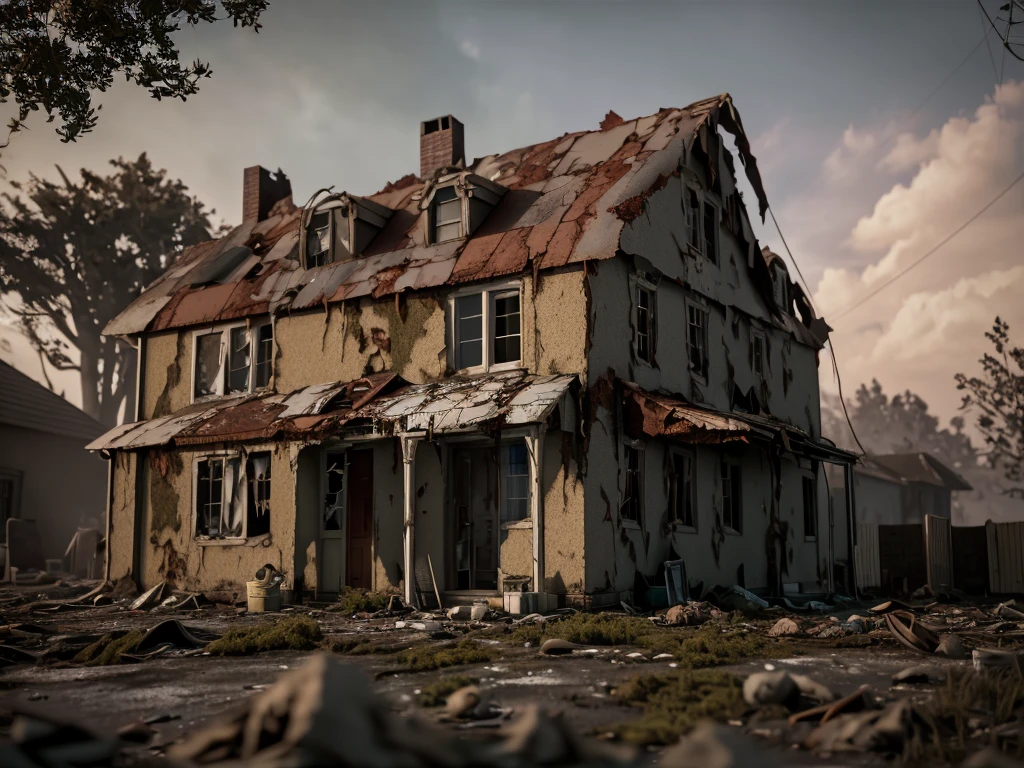 3d render of exterior home, abandoned, dramatic color grade, moss, abandoned, broken, old, accurate color grading, rvb, Sony A7 III, Sigma Art 85 mm f/1,4 DG HSM, perfect, subsurface scattering, unreal engine, dusty sun light, dystopian world