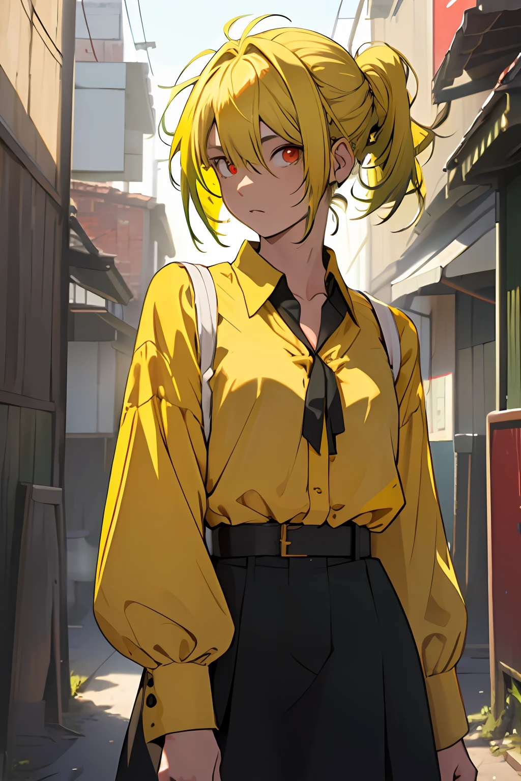 (((1girl))), ((((solo)))), ((messy hairstyle)), standing taking a picture, (((greenish-yellow hair)), red eyes, soft blouse