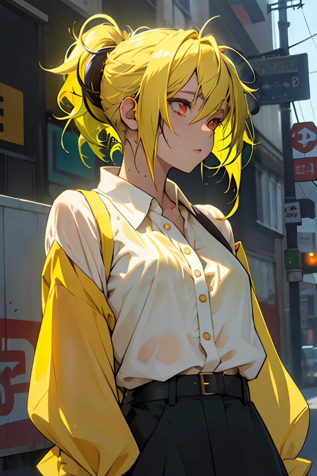 (((1girl))), ((((solo)))), ((messy hairstyle)), standing taking a picture, (((greenish-yellow hair)), red eyes, soft blouse