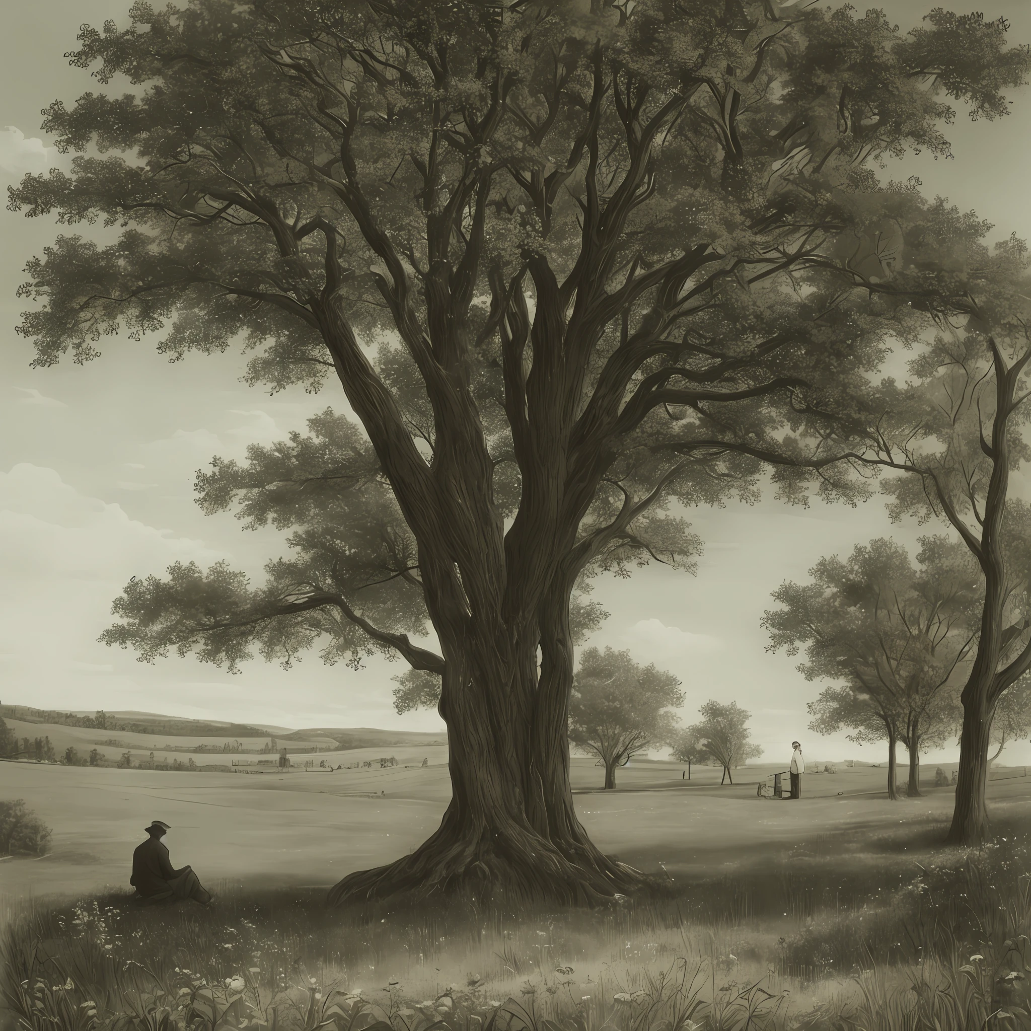 1800s, in the meadow, man looking away, sadness, one tree, man leaning against tree on the ground, just one man