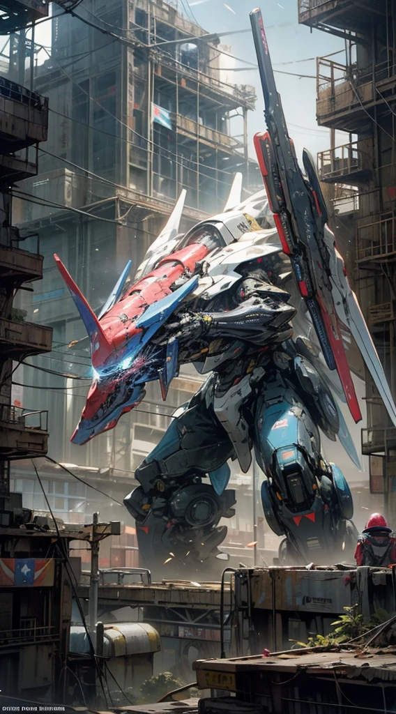 On earth,barren planets, ruins, holding_weapon, glowing wing, robot, building, glowing_eyes,blue red yellow mecha, science_fiction, city, realistic,mecha,Milky Way Galaxy background,neon,cyberpunk, Philippine flag, fighting an alien cloverfield