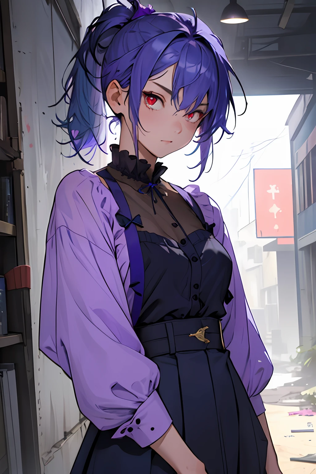 (((1girl))), ((((solo)))), ((messy hairstyle)), standing taking a picture, (((blue-violet hair)), red eyes, soft blouse