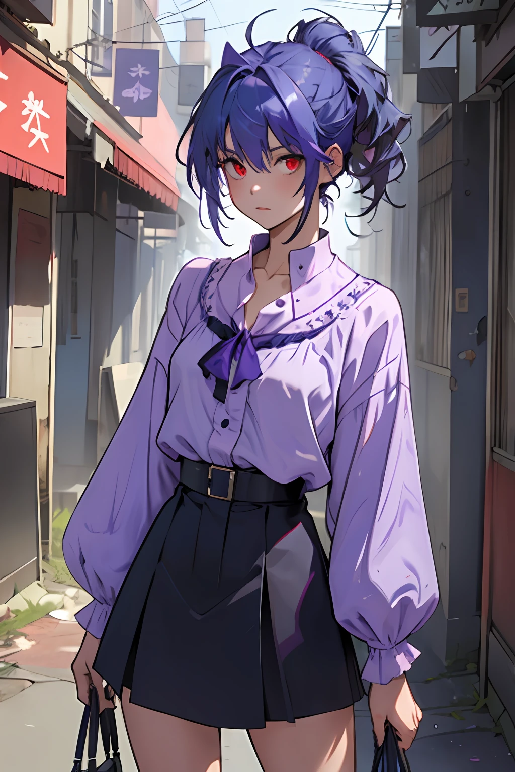 (((1girl))), ((((solo)))), ((messy hairstyle)), standing taking a picture, (((blue-violet hair)), red eyes, soft blouse