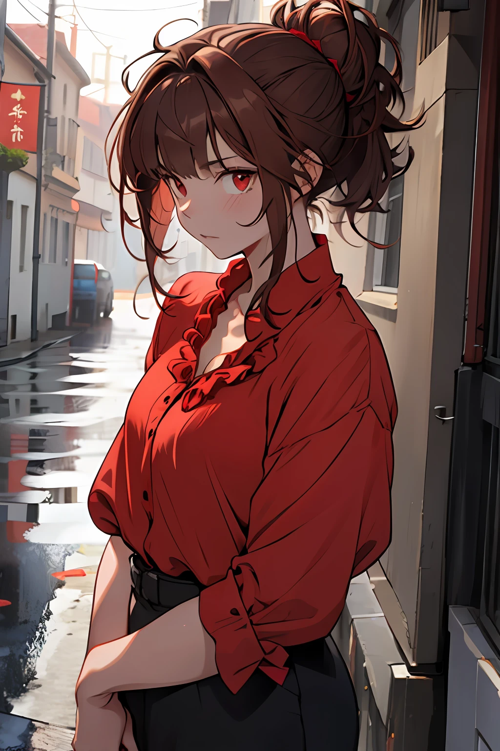 (((1girl))), ((((solo)))), ((messy hairstyle)), standing taking a picture, (((reddish-brown hair)), red eyes, soft blouse