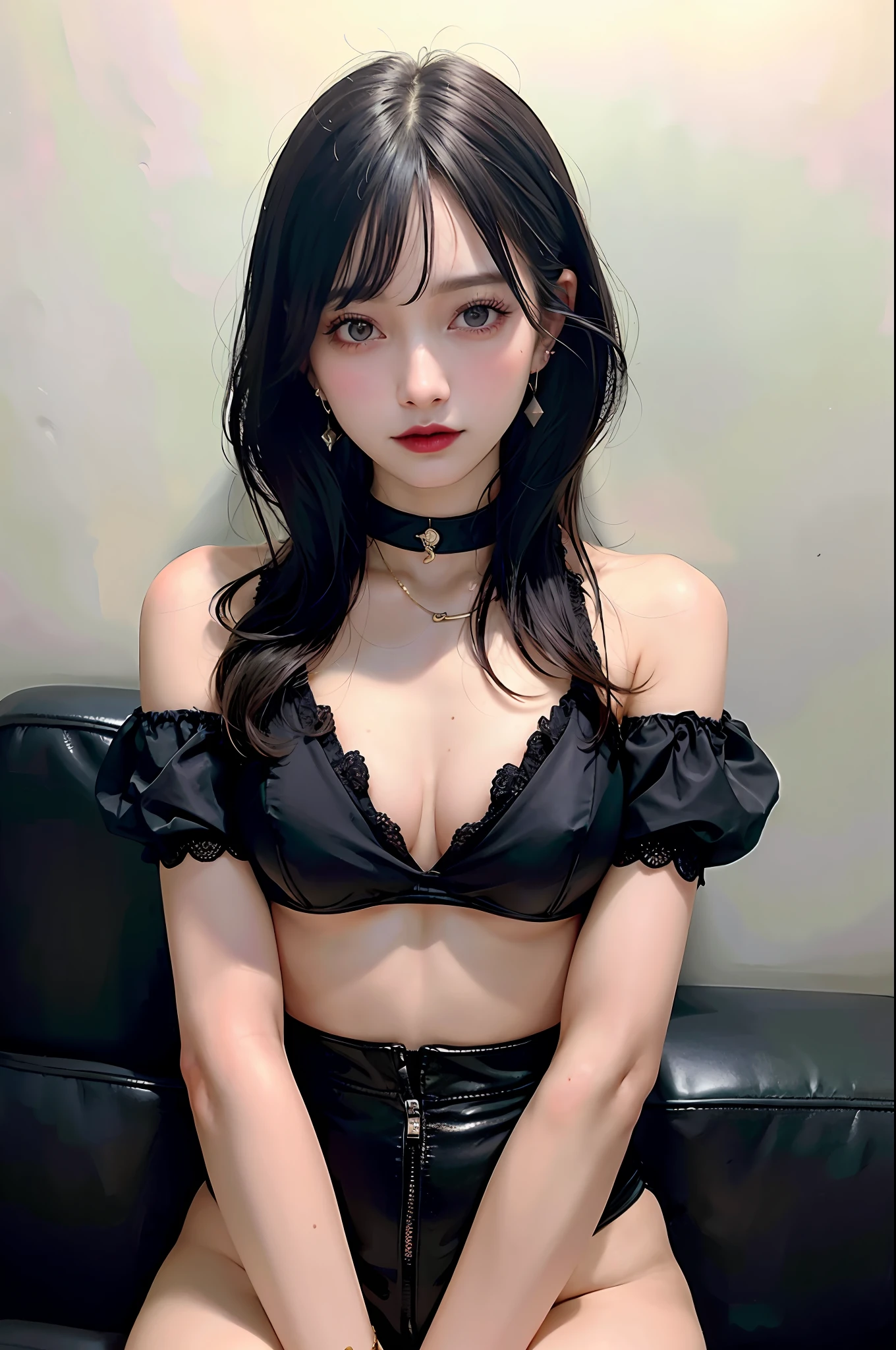 Black Hair Bob, (RAW Photo, Photorealistic), (Very dark lip gloss, pitch black lipstick, so many eyelashes, pitch black eyeshadow, watery eyes, crying, angry, high quality, high resolution, depth of field, chromatic aberration, natural color, caustics, midnight, dark, Japan person, female, 30s), glaring at the viewer, angry, necklace, one woman, Choker, earrings, bracelets, soft looking big, good style, slender figure, the tip of the is clearly visible, the whole body, raw legs, a lot of exposure, the body line is very sexy, the crotch is wide open, the are sticking out, genuine leather sofa, the skin is very exposed, sexy pose, the tip of the is clearly visible, the areola is visible, Pubic area clearly visible, crotch wide open, almost naked, pubic hair, very small bra, smallest protrusion, sexy, areola visible, big that are about to burst, areola is large, areola protruding from bra, full body, thighs, crotch open