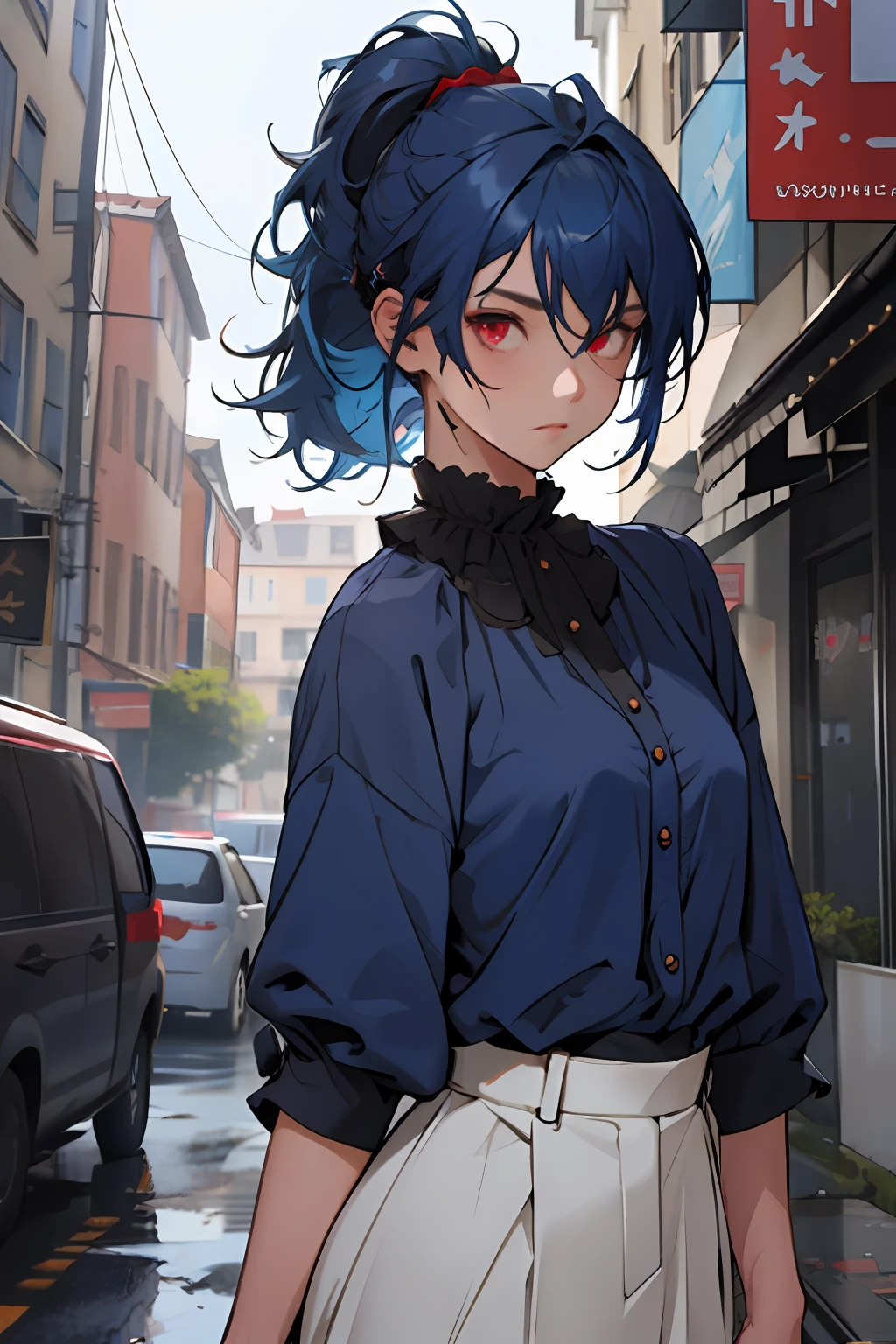 (((1girl))), ((((solo)))), ((messy hairstyle)), standing taking a picture, (((dark blue hair)), red eyes, soft blouse