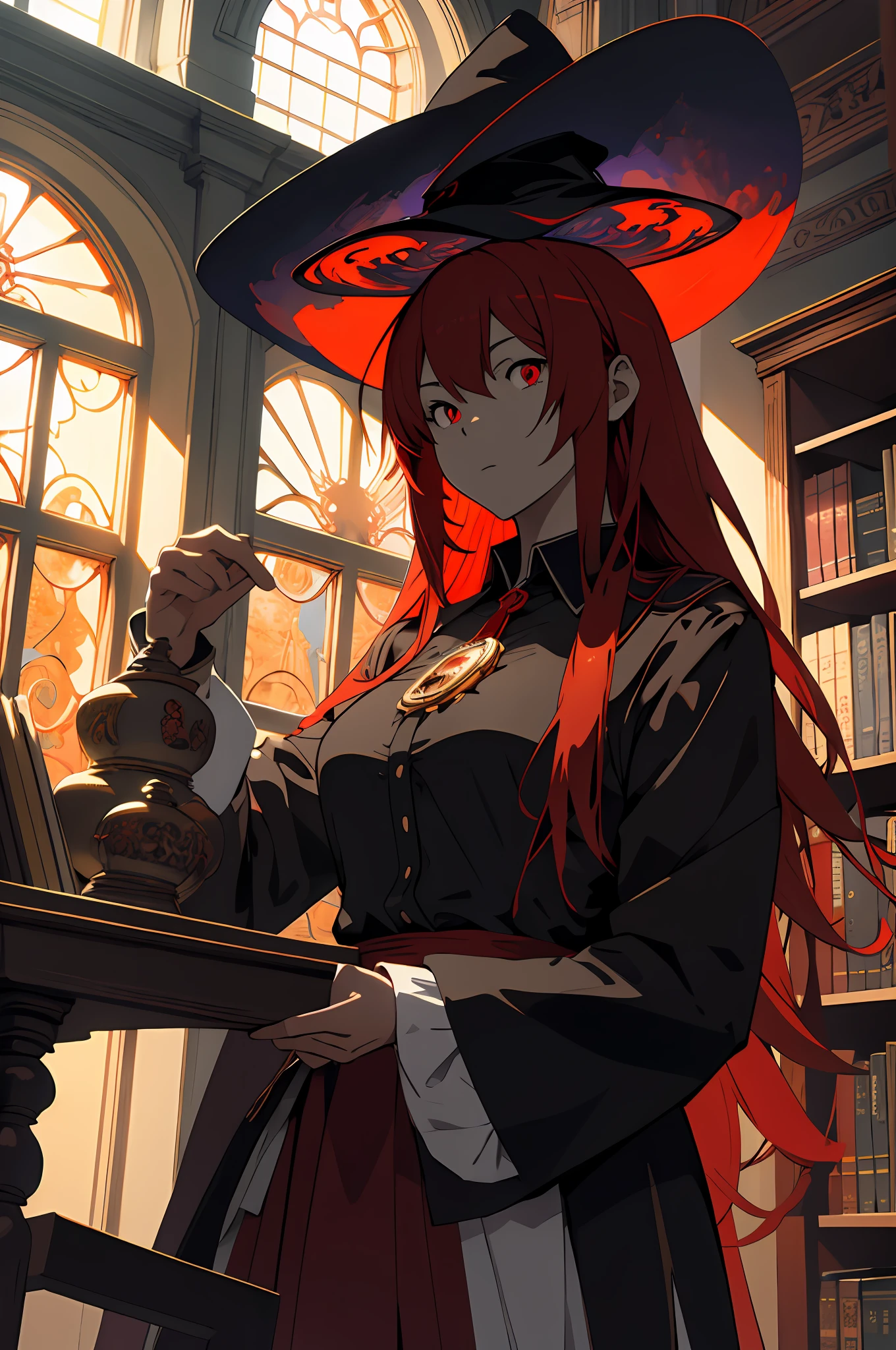 (Ultra-Detailed, Masterpiece) In a library, an anime girl works in a witch's hat. She has red eyes and many details, all represented in vivid and intense colors to create an atmosphere of adventure. The sun shines through the window, adding a touch of dramatic lighting.
