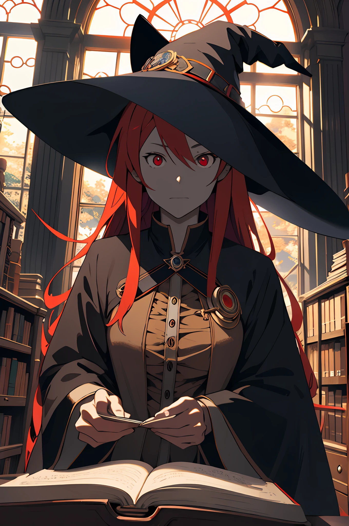 (Ultra-Detailed, Masterpiece) In a library, an anime girl works in a witch's hat. She has red eyes and many details, all represented in vivid and intense colors to create an atmosphere of adventure. The sun shines through the window, adding a touch of dramatic lighting.