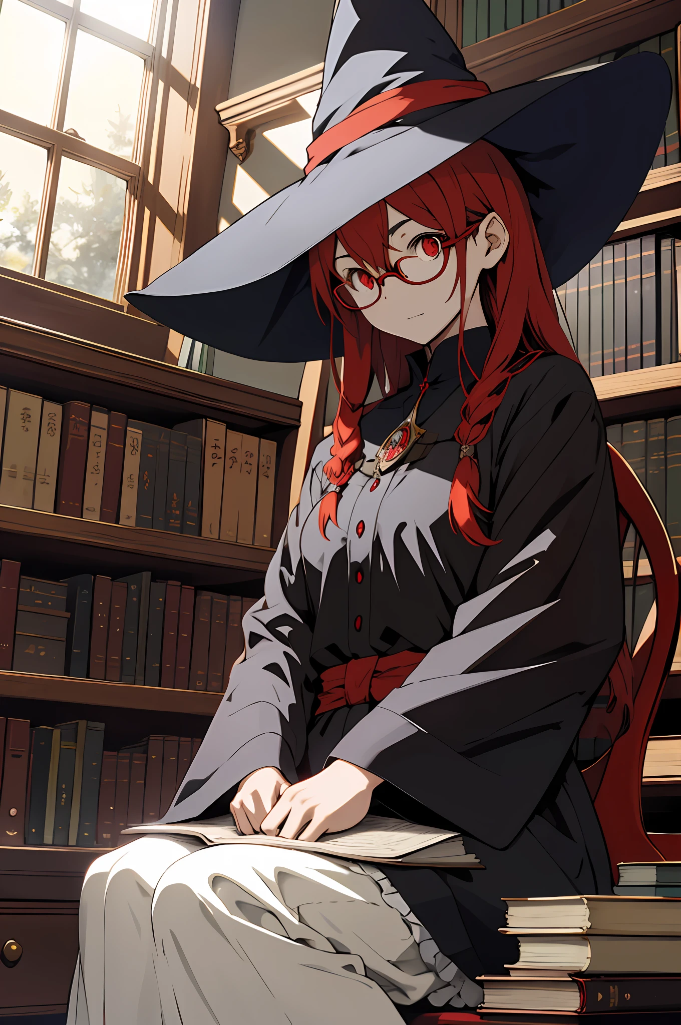 An anime girl in a witch's hat and red eyes, sitting in a cozy library with old books and classic pictures on the wall. She wears a pair of thin, delicate framed glasses that further enhance her red eyes. The light coming from the window gently illuminates the room, highlighting the shadows of objects throughout the library.