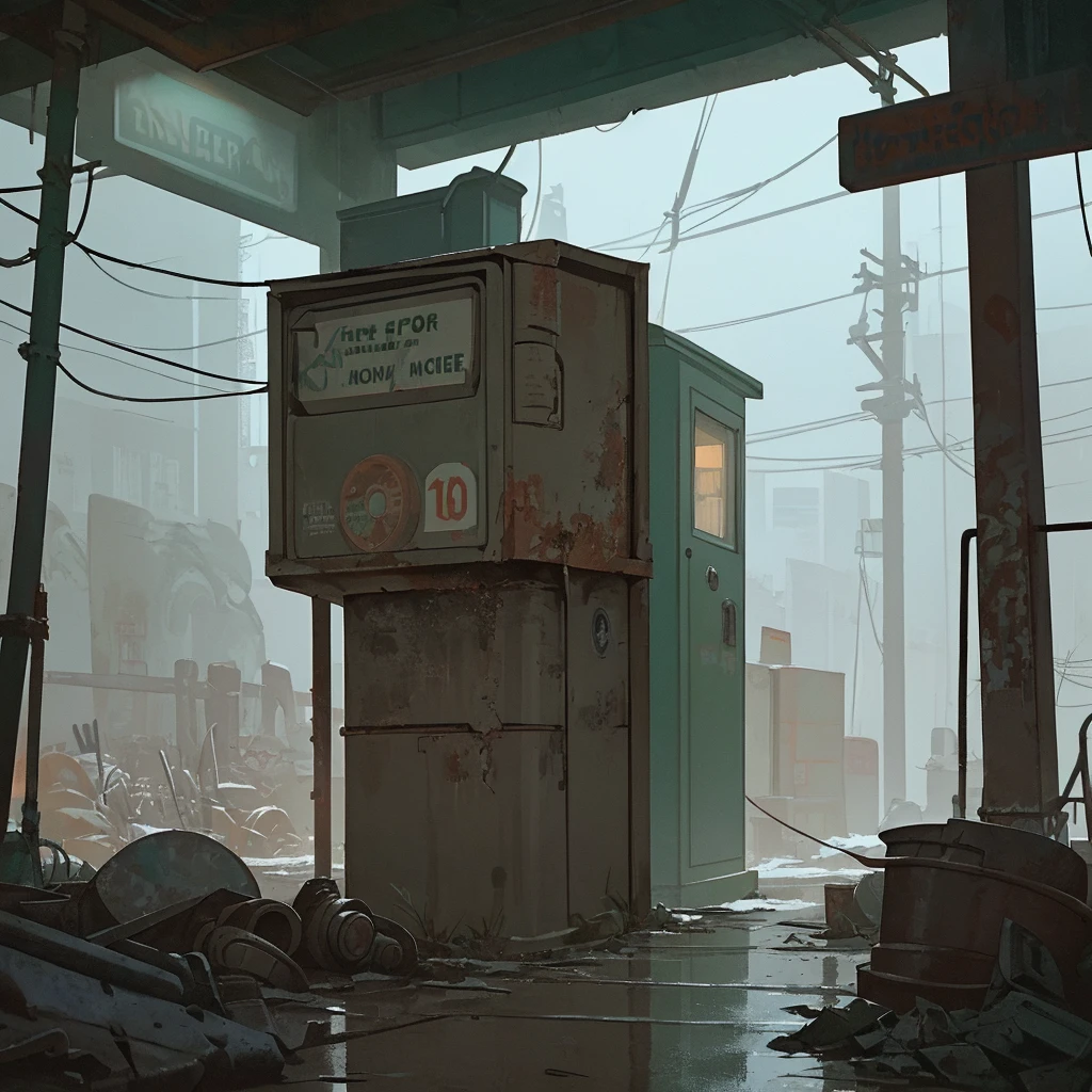 hyperrealistic and very detailed illustration of the entrance of a patio, point of view from the outside, image very loaded with objects, point of view from below, dirty cement stairs with cracks, green wastebasket, metal signs, seats, cables, pole, pastel blue telephone booth, rusty guardrails, pipes, pipes in the walls, electric meter, gray and dark walls, empty boxes, old papers on the floor, damaged wall paint, some garbage on the floor, metal and rusty scrap, machine parts (rusty, brown), very detailed advertisements on the neon wall, spotlight lights (very radiant blue light), artificial and sterile environment, very dark night, fog and somewhat dense smoke, very dark landscape shadows, red and green neon lights, night, some snow all over the landscape, humidity, puddles of water reflecting the dim ambient light