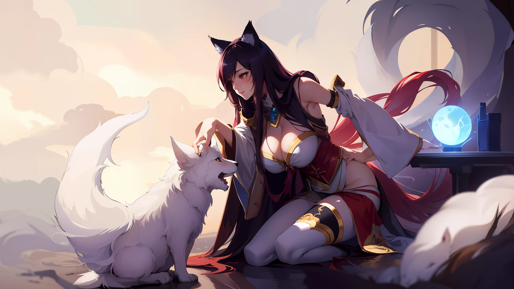 masterpiece, (photorealistic:1.4), best quality, beautiful lighting, anime girl with long hai, enormuous huge breasts and a cat ears holding a glowing orb, petting a dog, ahri, ahri from league of legends, by Yang J, portrait of ahri, by Shitao, beautiful anime catgirl, a beautiful kitsune woman, a beautiful fox lady, dark fox mage, very beautiful anime cat girl, fox nobushi, female anthropomorphic wolf, highly detailed