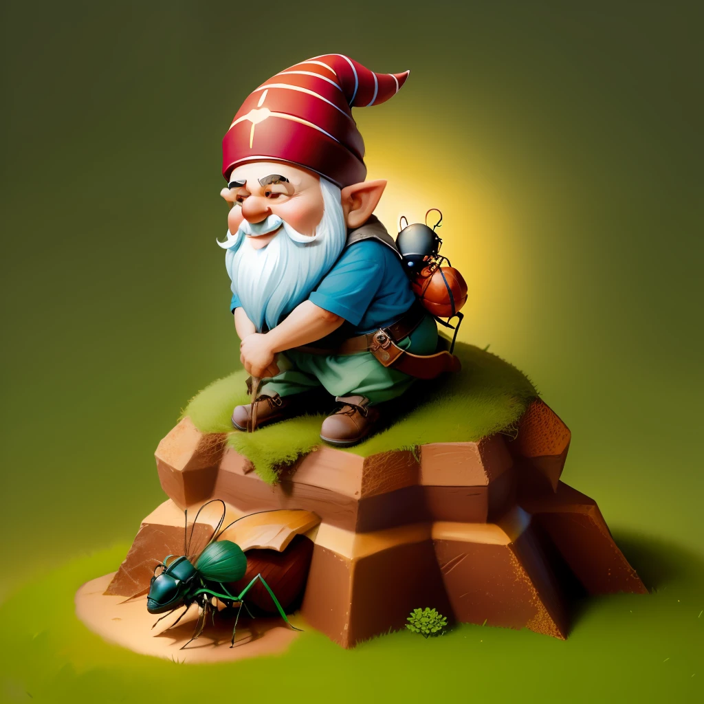 gnome riding an Ant, on top of an Anthill