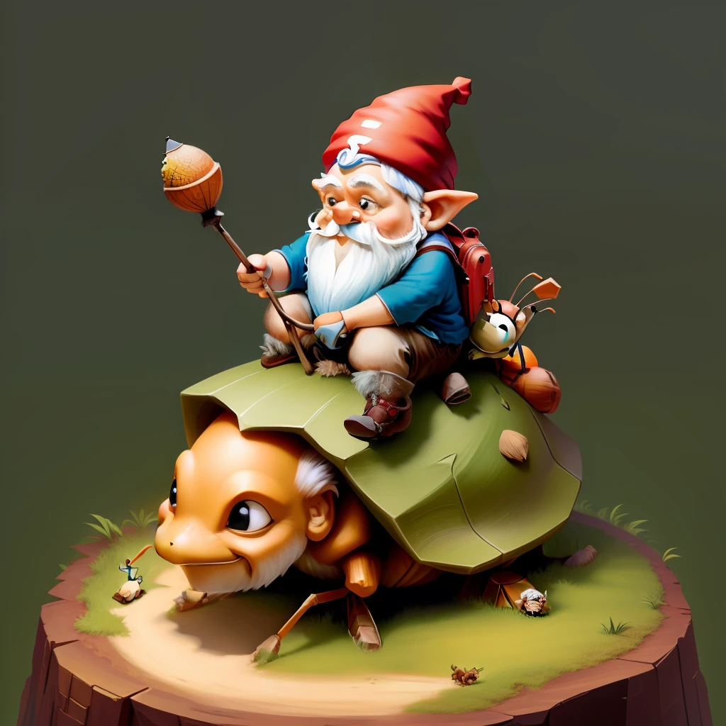 gnome riding an Ant, on top of an Anthill