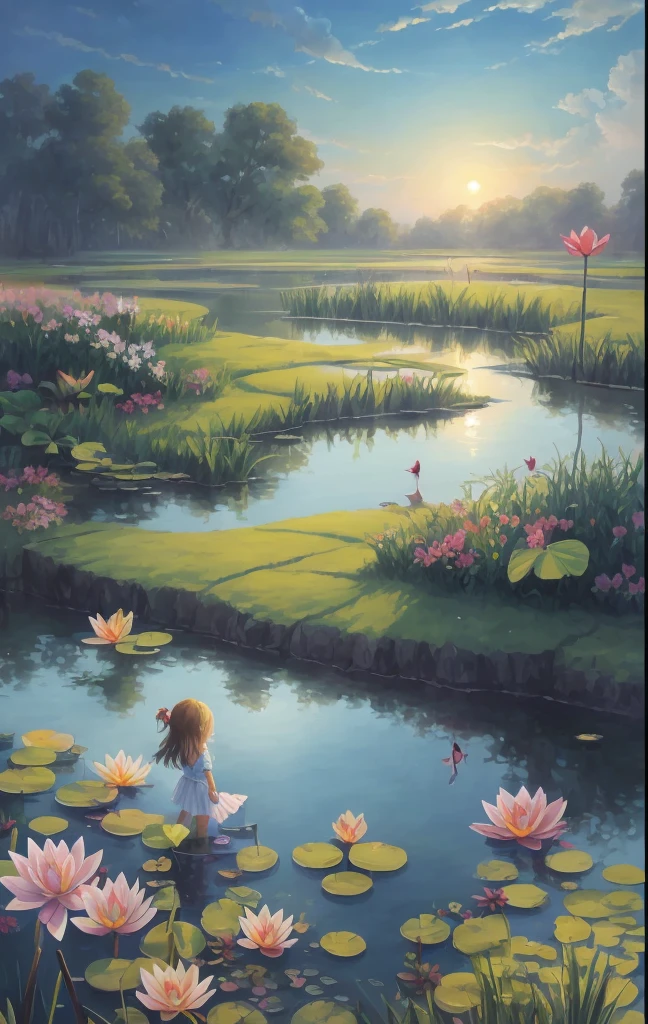 painting of a little girl standing in a pond with water lillies, a beautiful artwork illustration, anime nature, anime nature wallpap, anime beautiful peace scene, serene illustration, by Yang J, calm afternoon, beautiful anime scene, by Li Song, by Jin Nong, painted in anime painter studio, anime countryside landscape, by Ni Duan, adorable digital painting