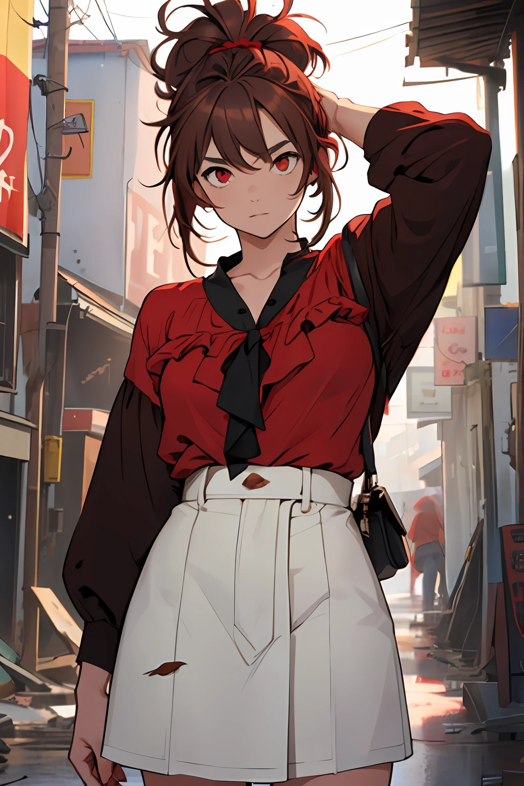 (((1girl))), ((((solo)))), ((messy hairstyle)), standing taking a picture, (((reddish-brown hair)), red eyes, soft blouse