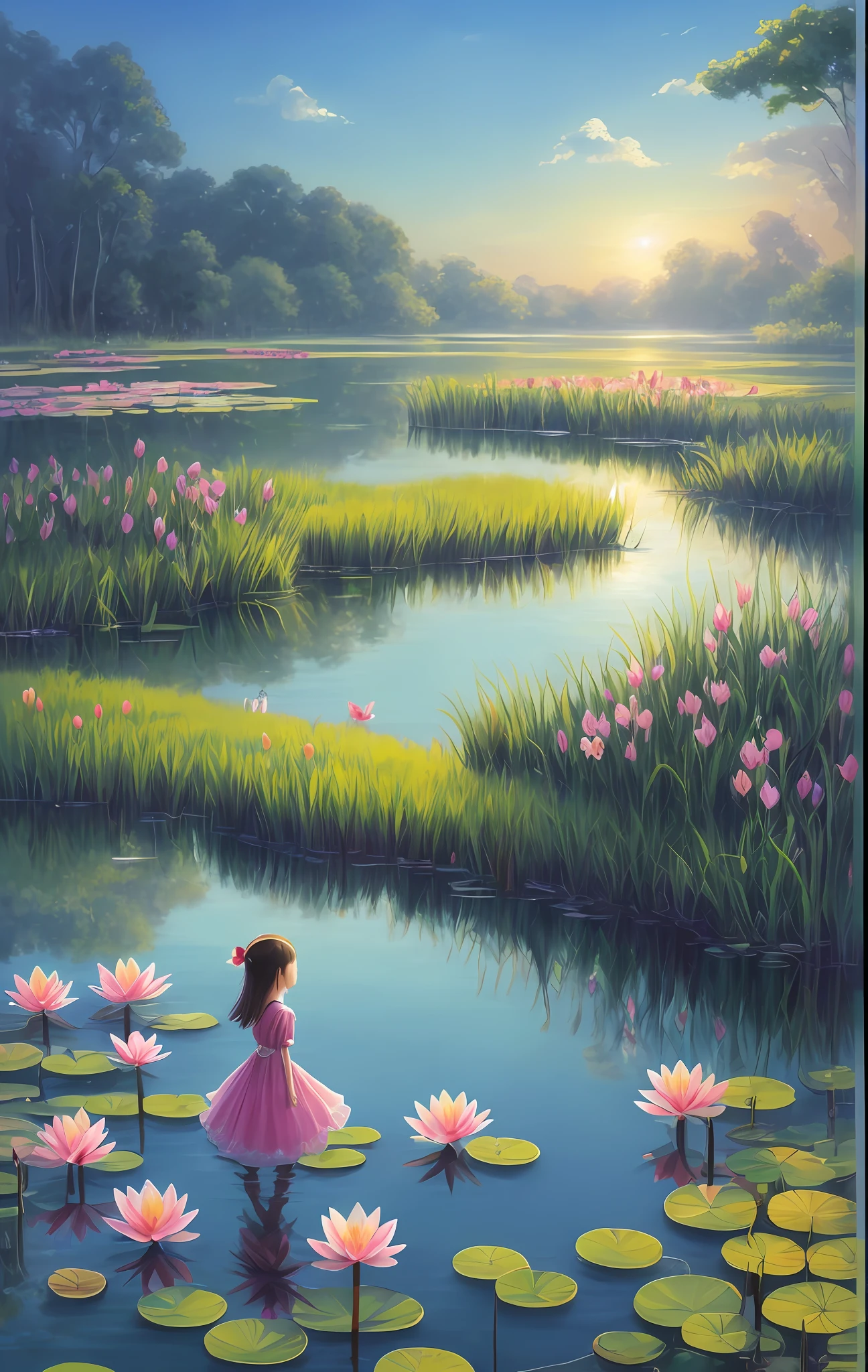 painting of a little girl standing in a pond with water lillies, a beautiful artwork illustration, anime nature, anime nature wallpap, anime beautiful peace scene, serene illustration, by Yang J, calm afternoon, beautiful anime scene, by Li Song, by Jin Nong, painted in anime painter studio, anime countryside landscape, by Ni Duan, adorable digital painting