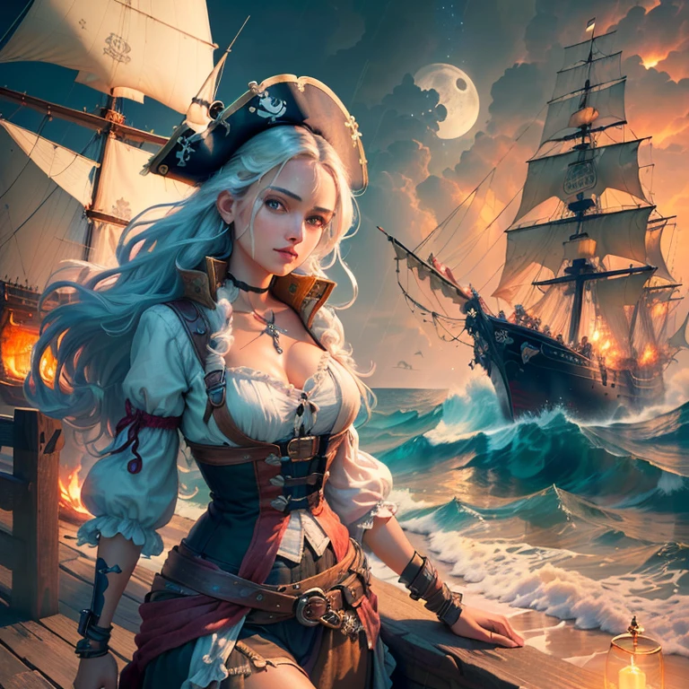 A 35-year-old light brunette Indian pirate woman, extra long black hair, with fringes, vibrant blue eyes, light brown skin (beautiful face) of 35 years, stood in a splint, and the sea was a tattered pirate ship, full of fire, and the moon, starry sky, the waves and the rain (unified wallpaper CG 8k extremely detailed), highly detailed, masterpiece, (HDR)(wallpaper) (Film lighting)(Sharp focus), (8k wallpaper of extremely detailed CG unit), (best quality)