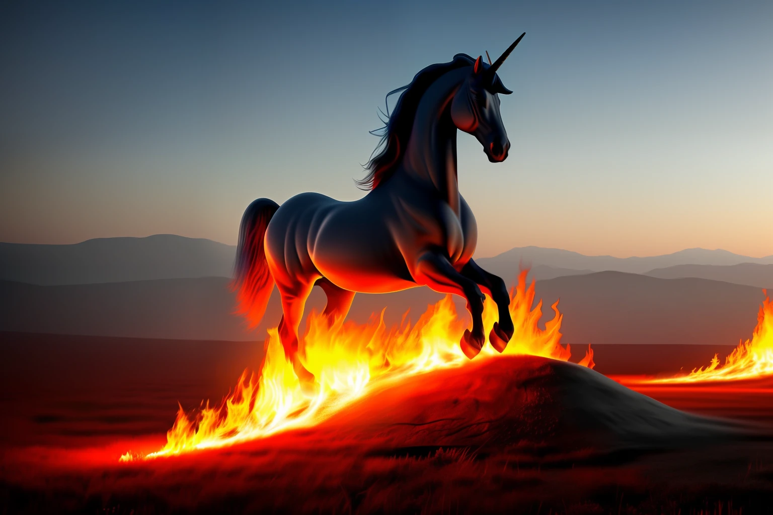 Dark evil unicorn on a hill on fire, ultra HD, extremely realistic, realistic cartoon, mystical, underground, ants running around, centered, masterpiece, 4k