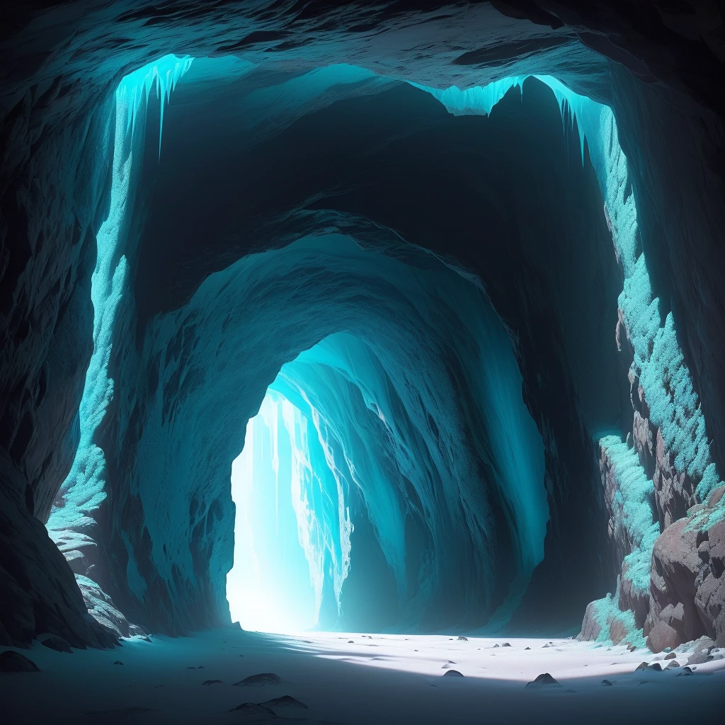 The cave is a true spectacle with a seductive cyan glow coming from the background, capturing the view of the entrance with many amazing details and depth. (Cavern with a seductive ciano glow from deep below, capturing the vision of the entrance with stunning detail and depth.)