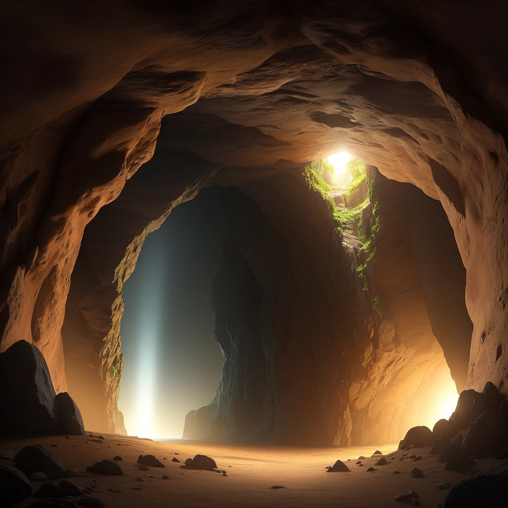 Cave with a cinao glow coming from the background, view from the entrance, lots of details, depth