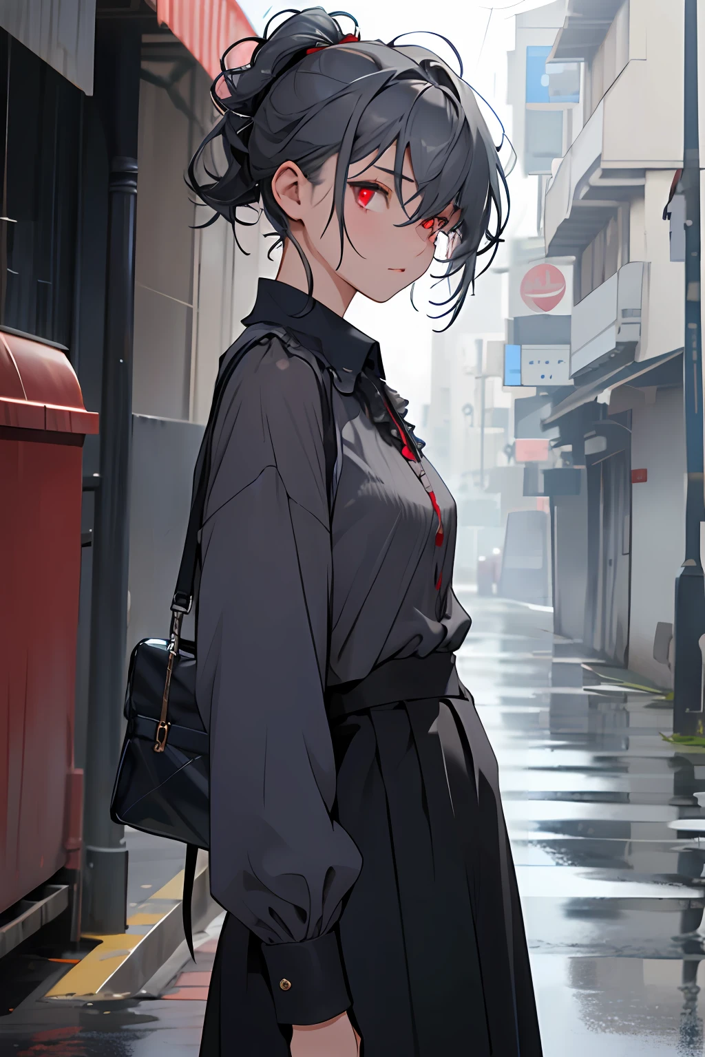 Dark blue(((1girl))), ((((solo)))), ((messy hairstyle)), standing taking a picture, (((dark gray hair)), red eyes, soft blouse