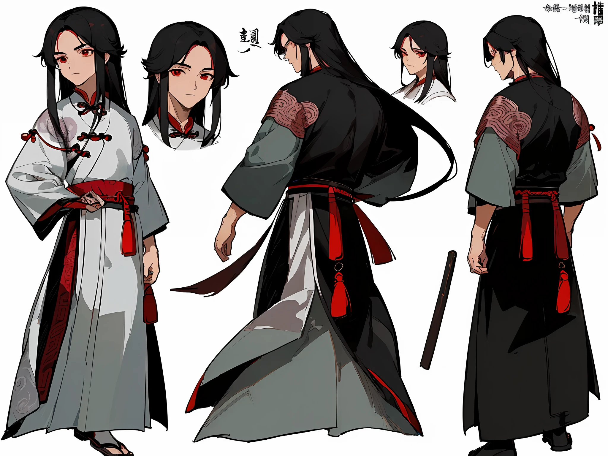 ((masterpiece)),((best quality))),(((character design sheet,same character,front, side, back)),(illustration), (1 man), male, Chinese style, (ancient Chinese male), Han dynasty, (black clothes), black hair, red eyes, split hair, long hair, handsome, handsome prince, beautiful eyes, environment Scene change, pose too, charturnbetalora, (simple background, white background: 1.3)
