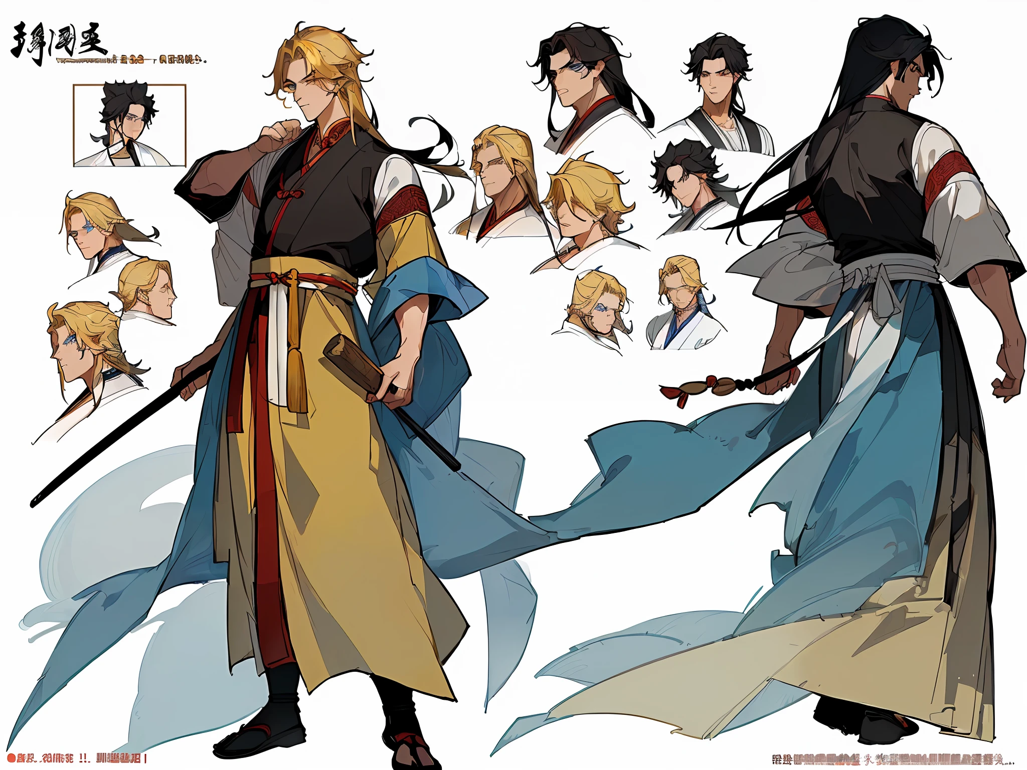 ((masterpiece)),(((best quality))),(((character design sheet,same character,front, side, back)),(illustration), (1 man), male, Chinese style, (ancient Chinese male), Tang Dynasty, (blonde clothing), black hair, blue eyes, split hair, long hair, handsome, handsome prince, androgynous man, beautiful eyes, environment Scene change, pose too, charturnbetalora, (plain background, white background: 1.3)