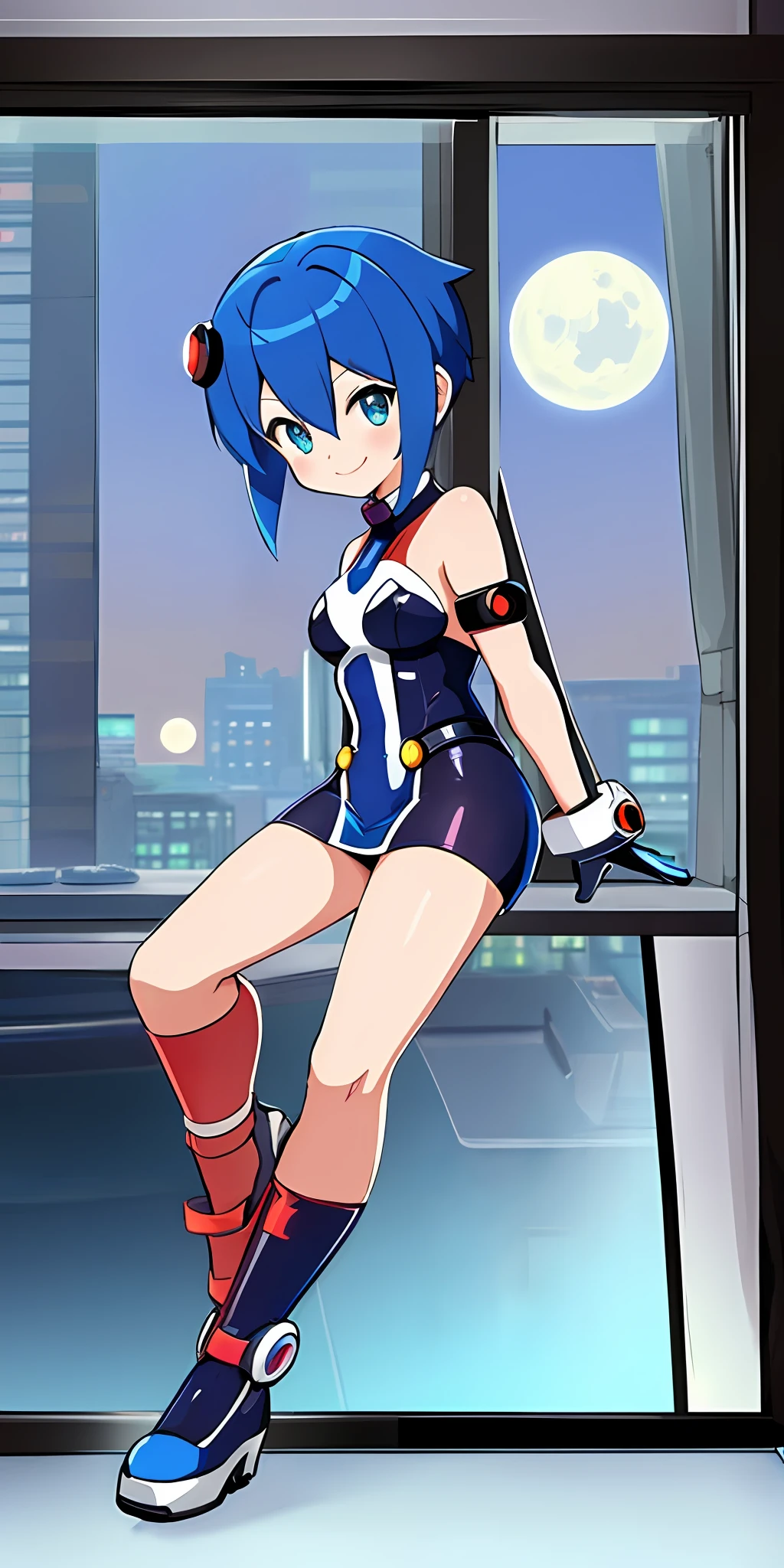 Maximum resolution, Unreal Engine 5, anime style, Mega Man-x style, Full body image of a woman doing hybrid cosplay of Mega Man-x/spider-man/Batman/ uniform updated to a futuristic version, she has short blue hair, is looking at the viewer in front of a window in a brothel room, smiling, at night with full moon appearing outside the window.