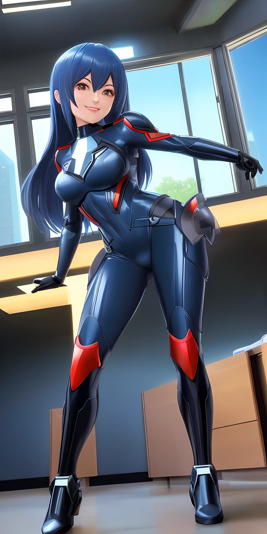 Maximum resolution, Unreal Engine 5, anime style, Mega Man-x style, Full body image of a woman doing hybrid cosplay of Mega Man-x/spider-man/Batman/, uniform updated to a futuristic version, she has short blue hair, is looking at the viewer in front of a window in a brothel room, smiling, at night with full moon appearing outside the window.