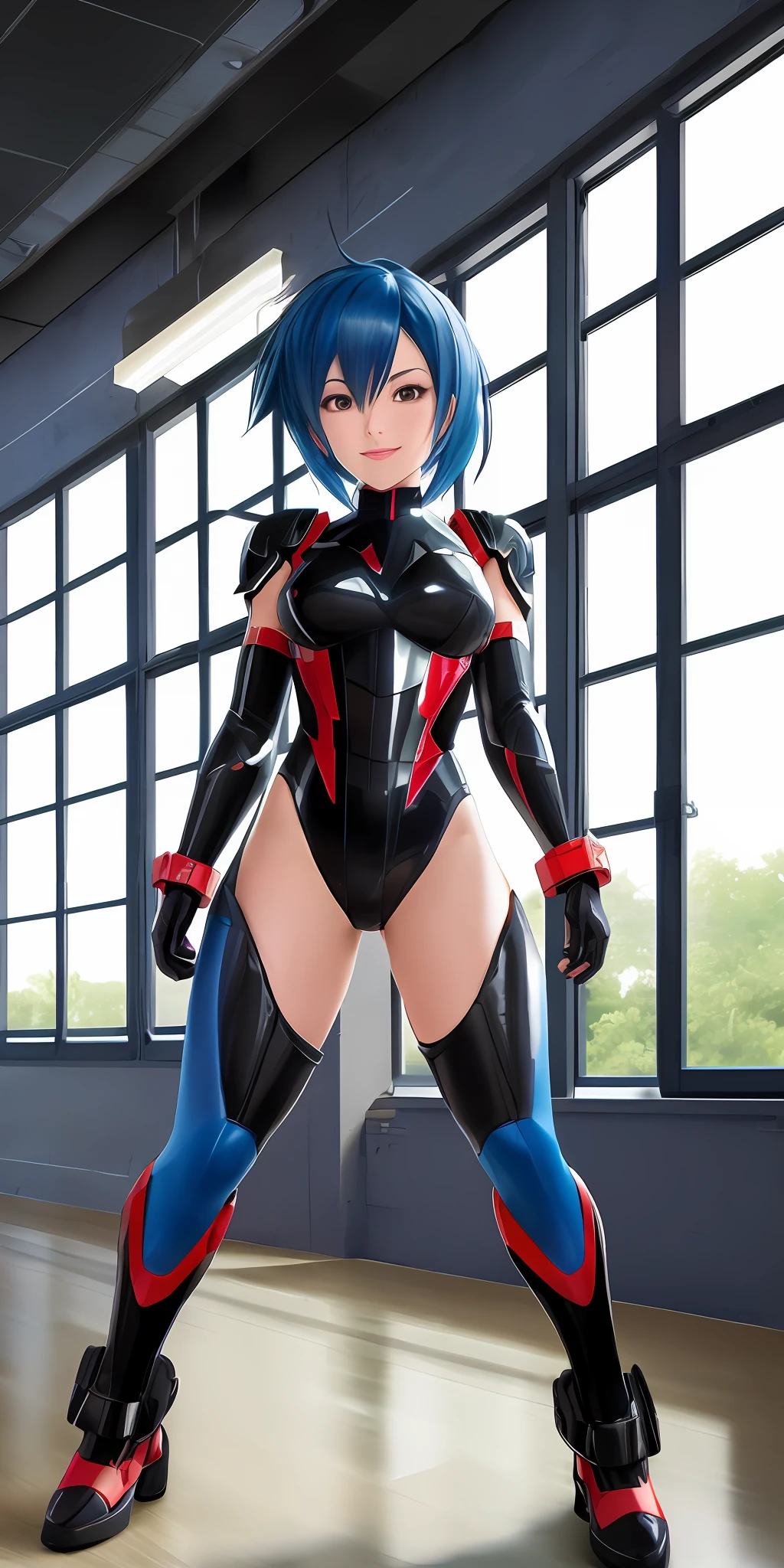 Maximum resolution, Unreal Engine 5, anime style, Mega Man-x style, Full body image of a woman doing hybrid cosplay of Mega Man-x/spider-man/Batman/, uniform updated to a futuristic version, she has short blue hair, is looking at the viewer in front of a window in a brothel room, smiling, at night with full moon appearing outside the window.