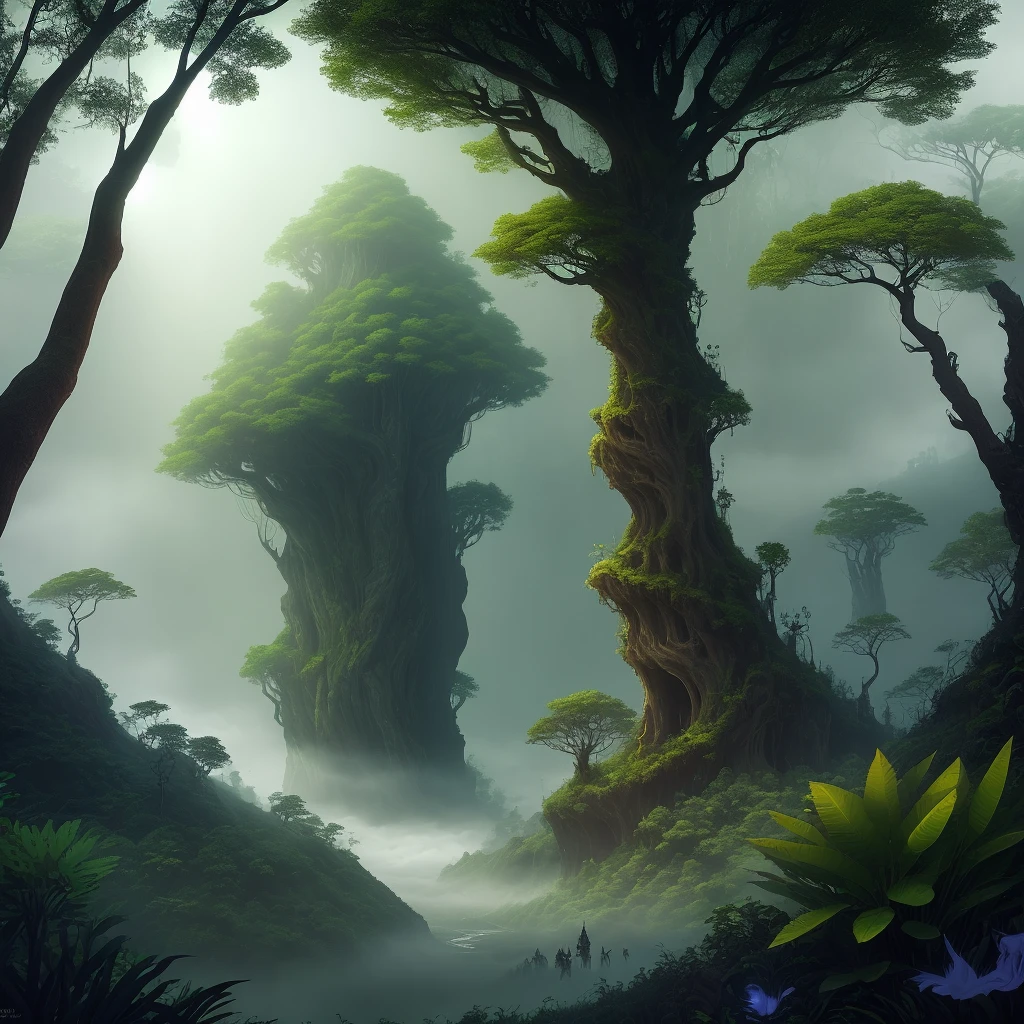 conspiracy scene of otherworldly creatures against humans, mythological creatures, surrounding jungle, mist, fabletale setting