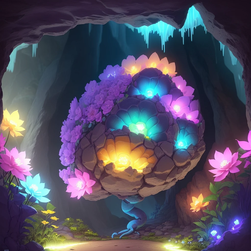 (best quality: 1.3), (masterpiece: 1.3), (illustration: 1.3), (super detailed: 1.3), (imid shot: 0.9), giant panther chameleon, solo, single body, four legs, cute, thick fluffy tail, Chameleon (relaxing in big cave: 1.1), Chameleon colorful, luminous colors, pink, blue, purple, green, yellow, shut up, horns, cave (cute bugs with luminous pink, blue, purple, red on rock: 1.3), cave (surrounded by magical garden, flowers, plants, creatures, glowing luminous pink, blue, purple, orange, yellow flowers and plants), Rock with small holes, glowing ants, glowing lights