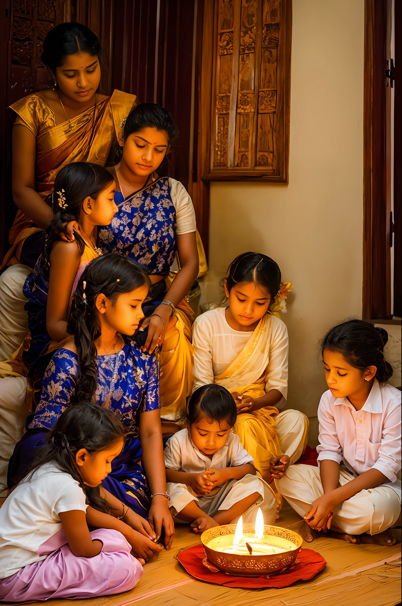 A contemplative moment in a Sri Lankan Sinhala family's home, featuring a multi-generational gathering around a traditional oil lamp during the auspicious festival of Vesak. The soft glow of the lamp illuminates the room as family members engage in prayers, reflection, and storytelling.
Modifiers: Peaceful, introspective, spiritual, warm, reverent, serene, intergenerational, traditional.
Artist or Style Inspiration: Taking inspiration from the works of Anoma Wijewardene, Laki Senanayake, and Jagath Weerasinghe.
Technical Specifications: A tender digital painting with delicate lighting and attention to detail, emphasizing the family's expressions and the cultural significance of the Vesak festival. The image should capture the quietude and solemnity of the moment while conveying a sense of familial unity